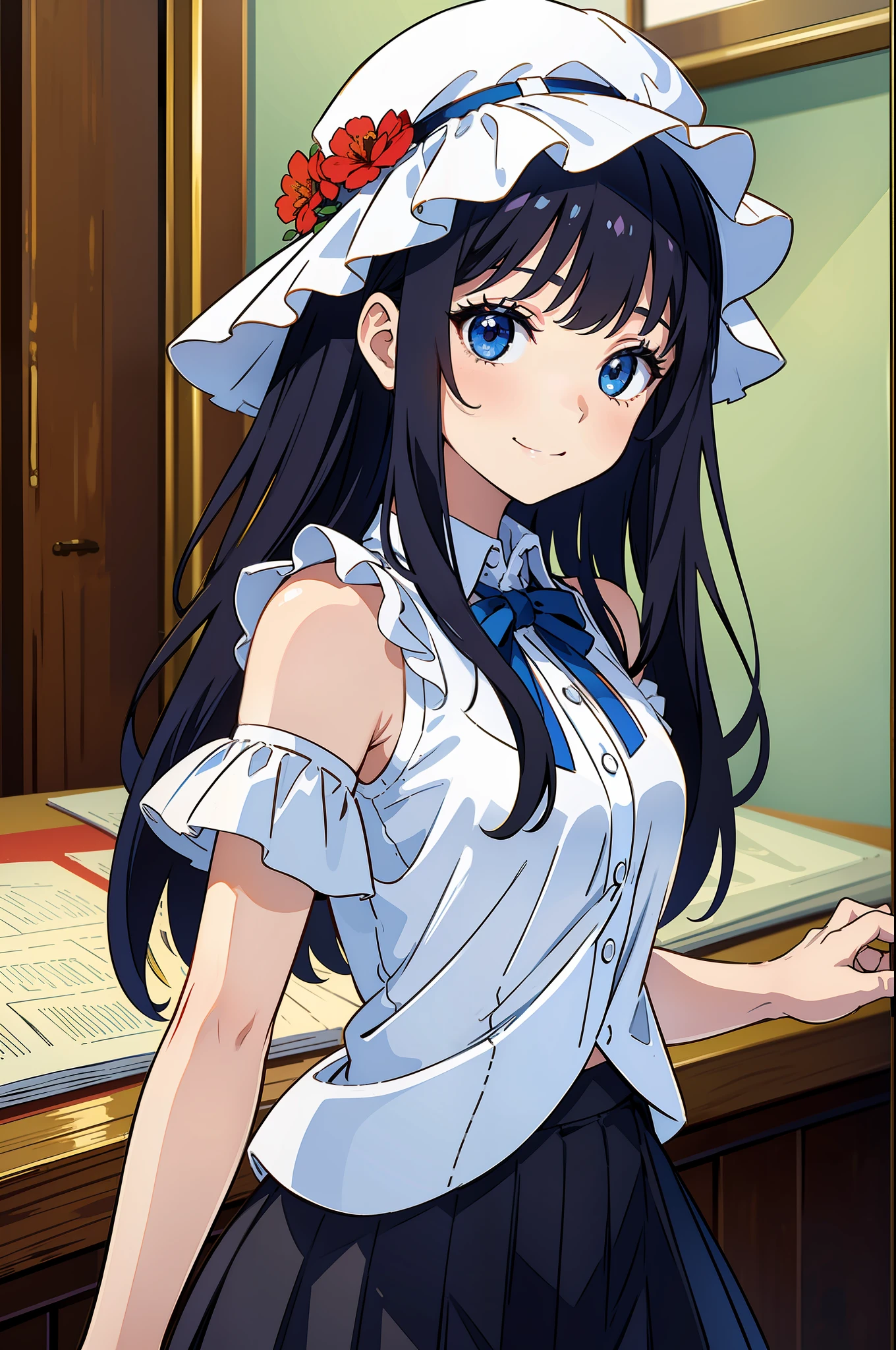 (masterpiece, top quality, high resolution: 1.4), 1 girl, white shirt, blouse, ruffles, long straight hair, smile, sleeveless, skirt,