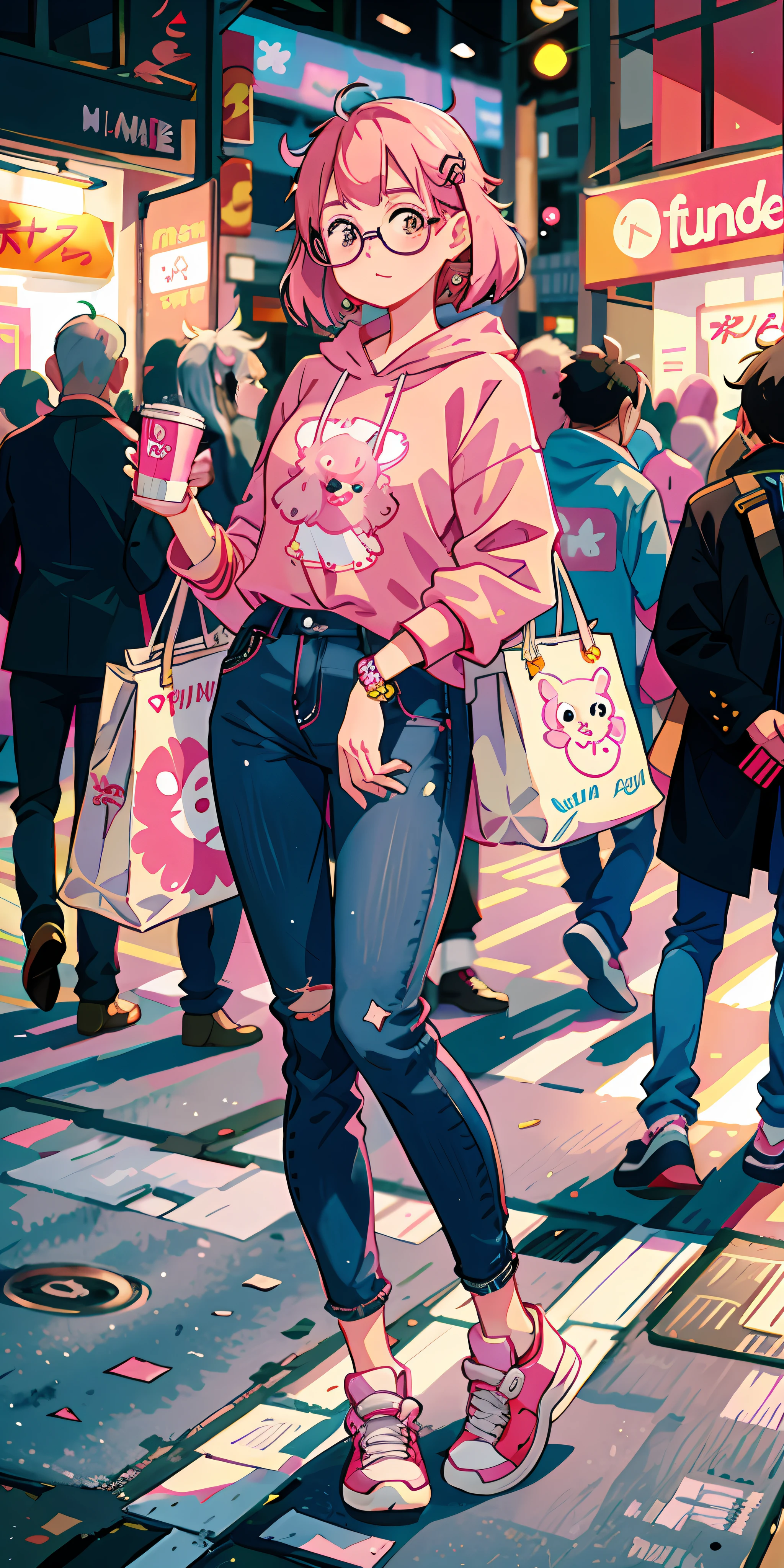 Anime girl standing on street corner in pink shirt and jeans, kawaii shirt and jeans, digital anime illustration, pink girl, urban girl fanart, anime style illustration, rostelland style, anime illustration, kawaii aesthetic, style anime, loepfe girl, anime aesthetic, japanese illustrator, art trends, detailed fanart, pink clothes, rossdraws cartoon vitality, betty cooper, ((background blur, hd, masterpiece, detail, cinematic effect)), smile