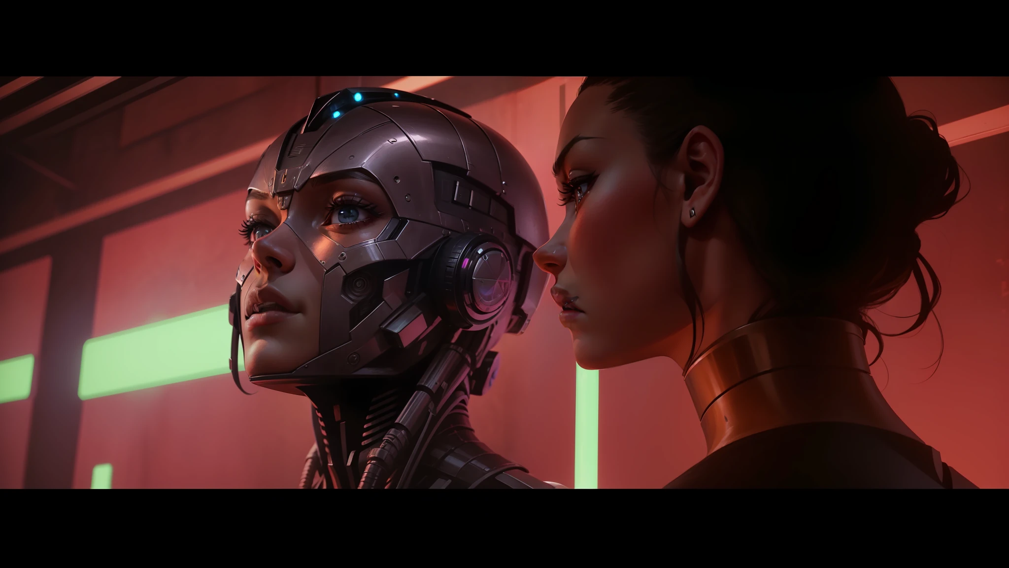 a woman looking at a humanoid head in a darkened room, ex machina (2014), movie still of a cyborg, movie still of a alien cyborg, movie still of aztec cyborg, movie still of a villain cyborg, beauty woman in holograms, elle fanning as an android, movie still of a cool cyborg, still from alita --auto --s2