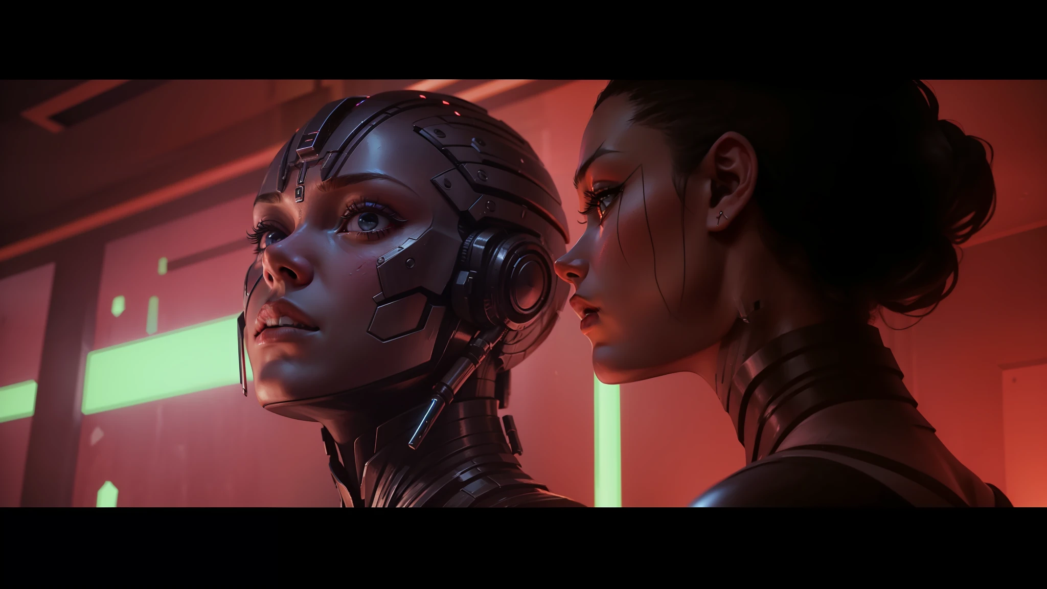 a woman looking at a humanoid head in a darkened room, ex machina (2014), movie still of a cyborg, movie still of a alien cyborg, movie still of aztec cyborg, movie still of a villain cyborg, beauty woman in holograms, elle fanning as an android, movie still of a cool cyborg, still from alita --auto --s2