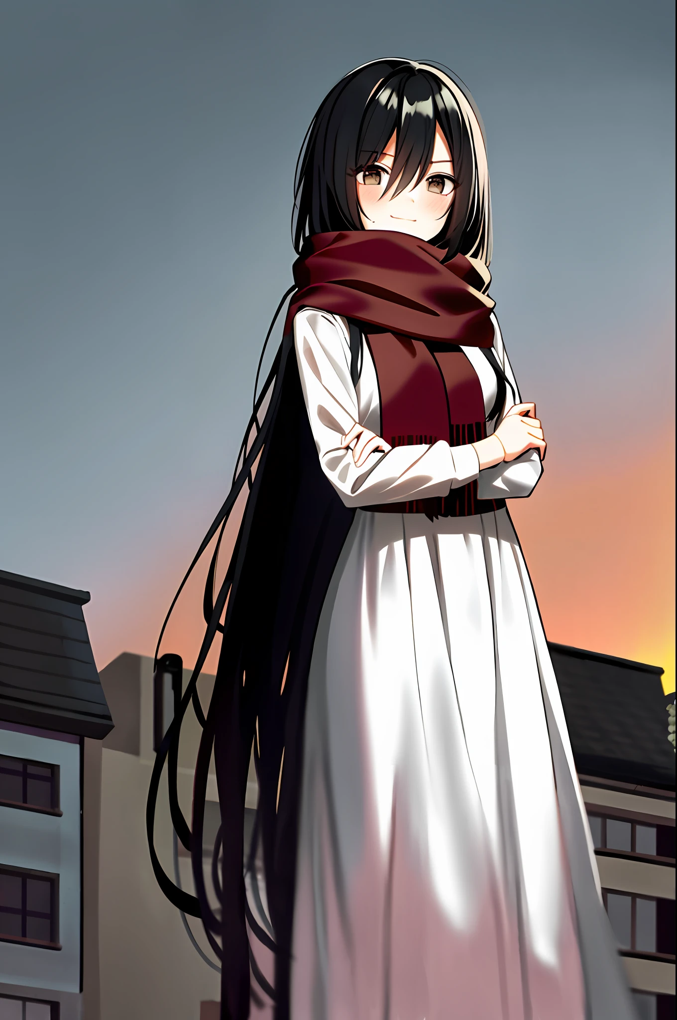 mikasa ackerman, young, teen, teenage version, shingeki no kyojin, 1girl, very long hair, bangs, black eyes, black hair, hair between eyes, red scarf, scarf, solo, standing, straight hair, long hair, white dress, 1:5, outdoor, old town background, smile, blush, shy, sexy pose,
, ((masterpiece))