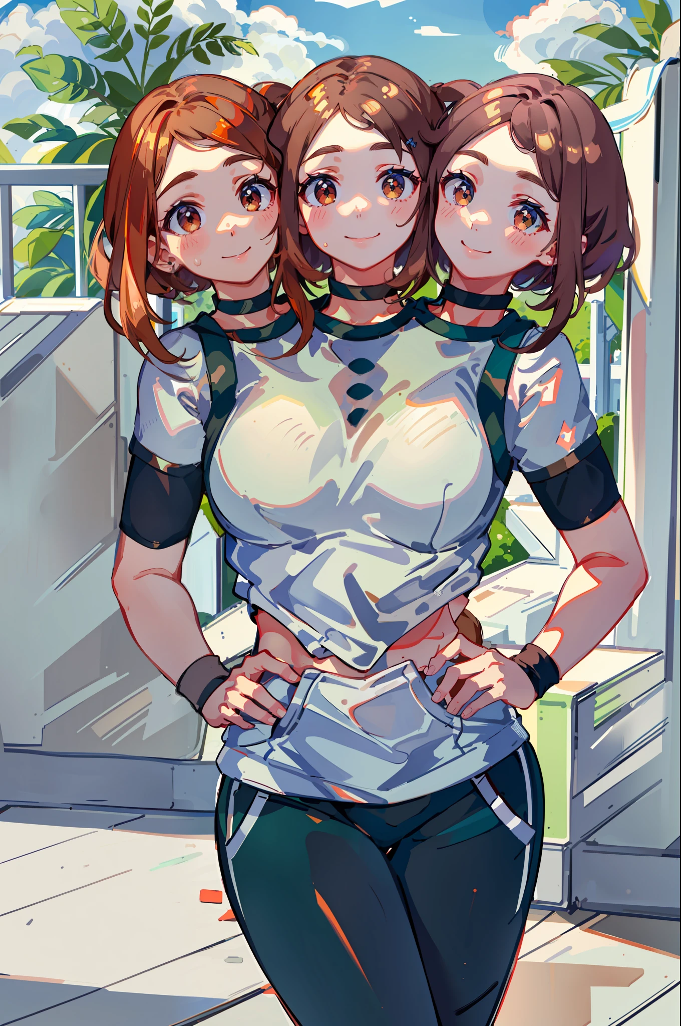 3heads, best quality, masterpiece
3 girls, brown hair, identical hair color, same eye color, necks side by side, necks evenky spaced on shoulders, smiling, running, gym uniform, sweatpants, outdoors
((three heads, 3head):1.5)