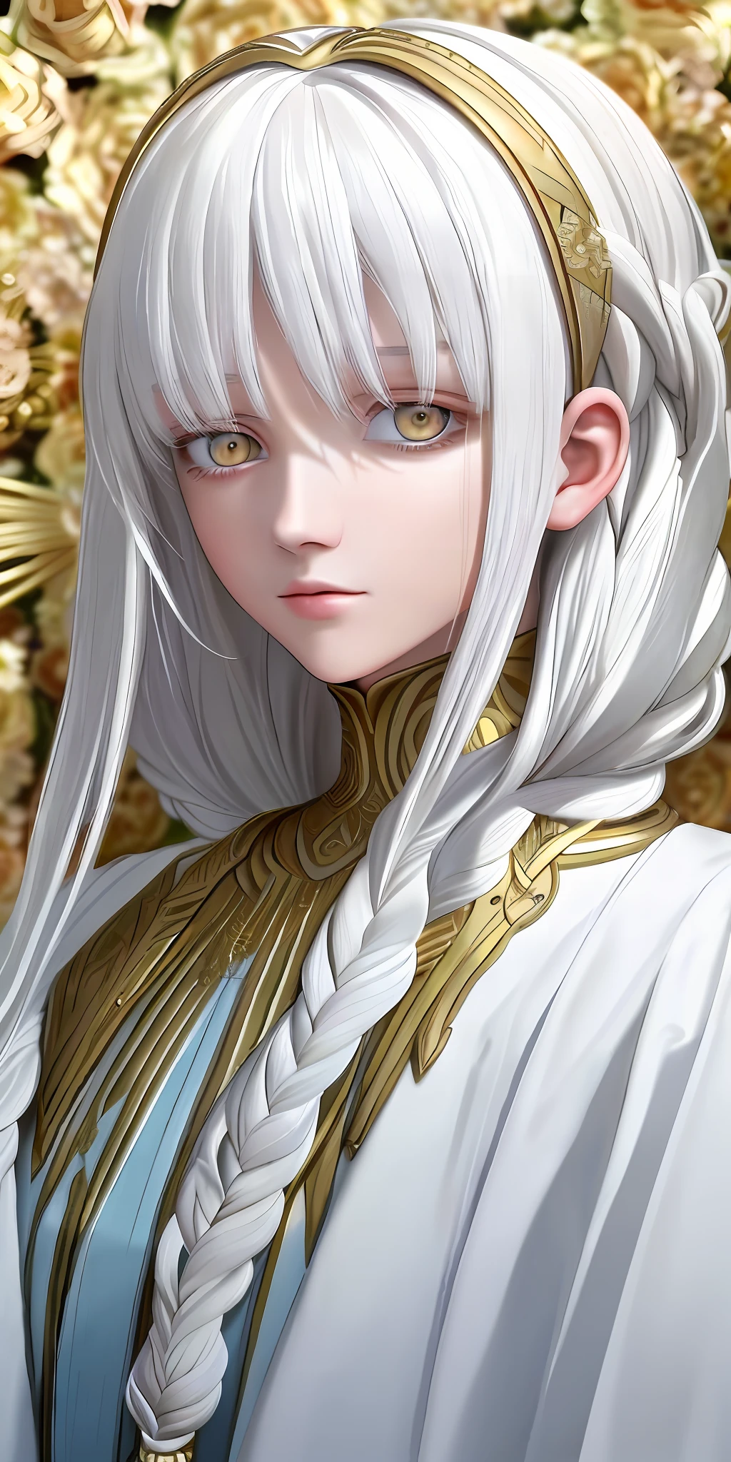 best quality, masterpiece,white hair, gold eyes,white clothes, looking up, upper body,hair strand,Fair skin,side braids