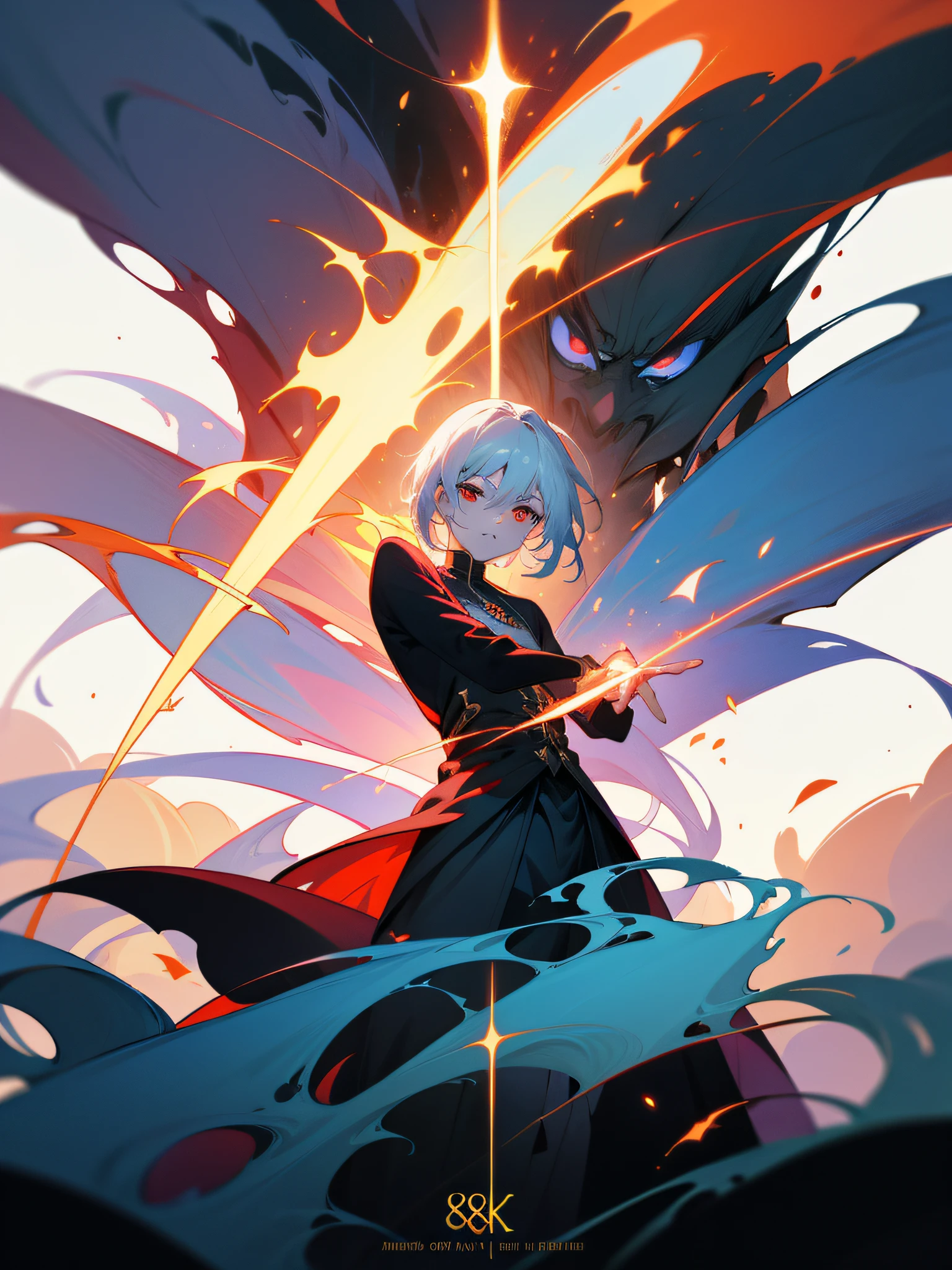 a painting that represents the essence of magic in your world, showing the white-haired, red-eyed protagonist with a mystical black mark on his neck immersed in a cascade of magical energy, with glowing particles dancing around him and arcane symbols forming in the air, masterpiece, best quality, ultra-detailed, illustration, 8k resolution concept art, fantasy art, epic art, concept art wallpaper 4k, deep color, natural lighting
