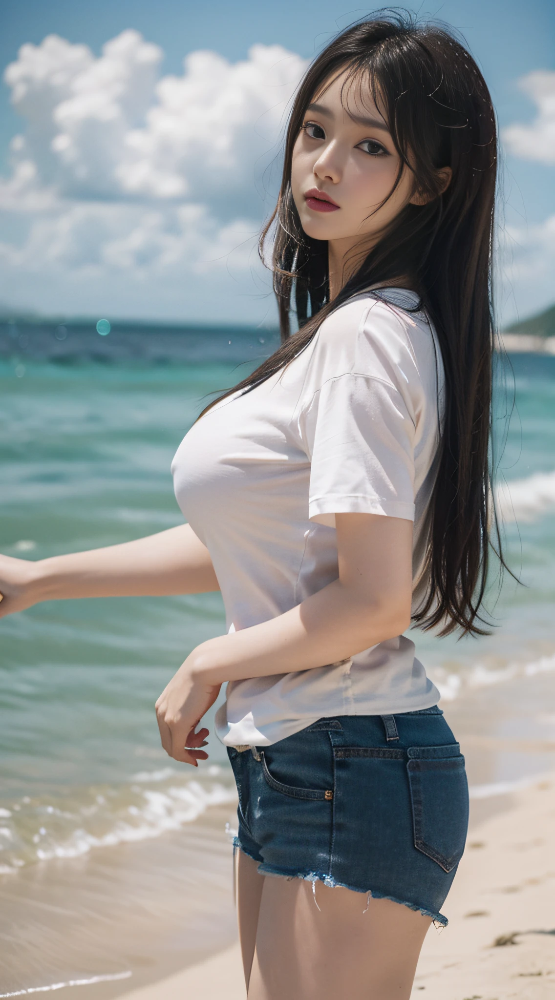 Arakfi woman by the sea, sexy, shorts, shirt, 2 , thicc, she is about 26 years old, height 170 cm, Korean, delicate face, realistic, Japanese goddess, very large breasts