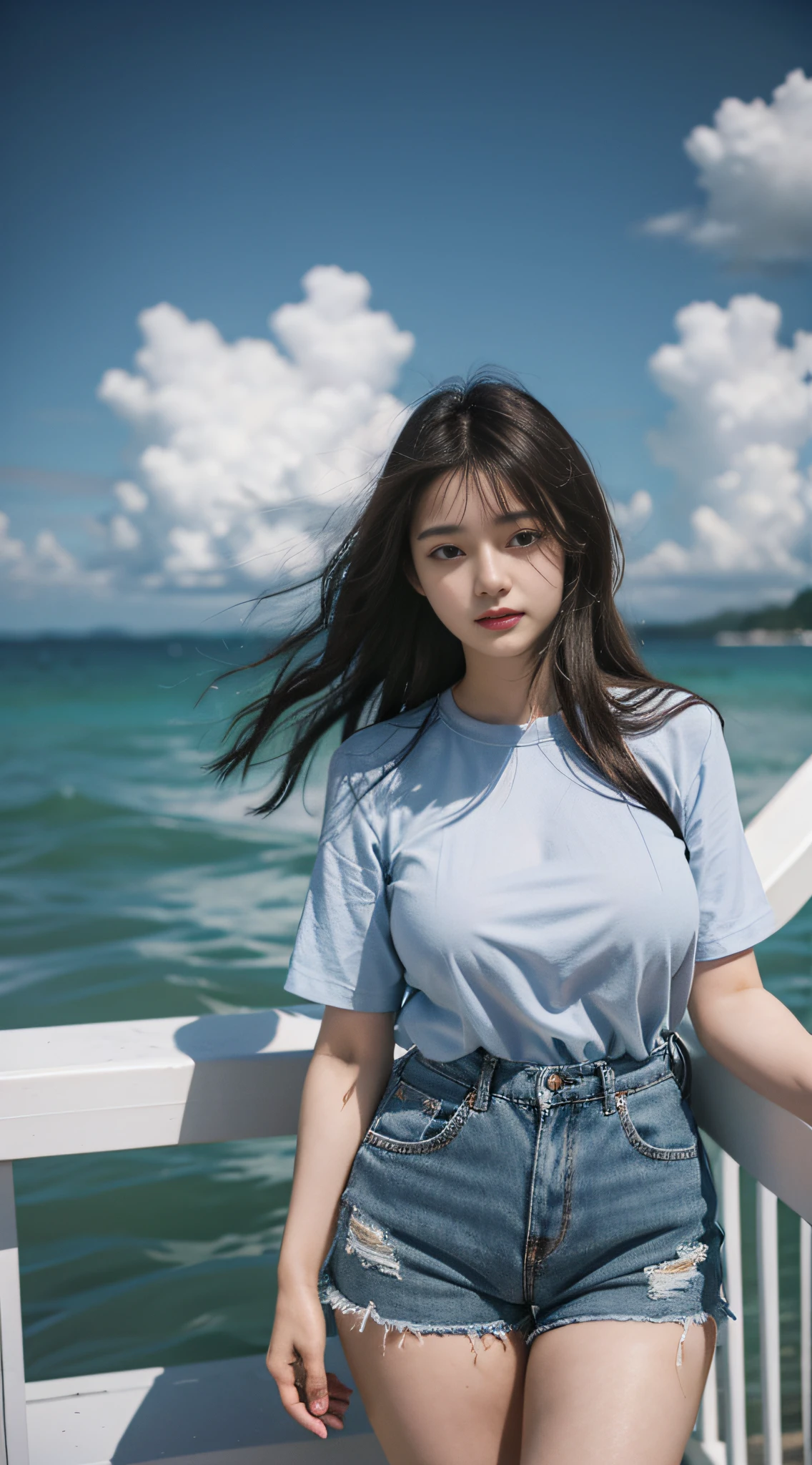 Arakfi woman by the sea, sexy, shorts, shirt, 2 2 years old, thicc, she is about 26 years old, height 170 cm, Korean, delicate face, realistic, Japanese goddess, very large breasts