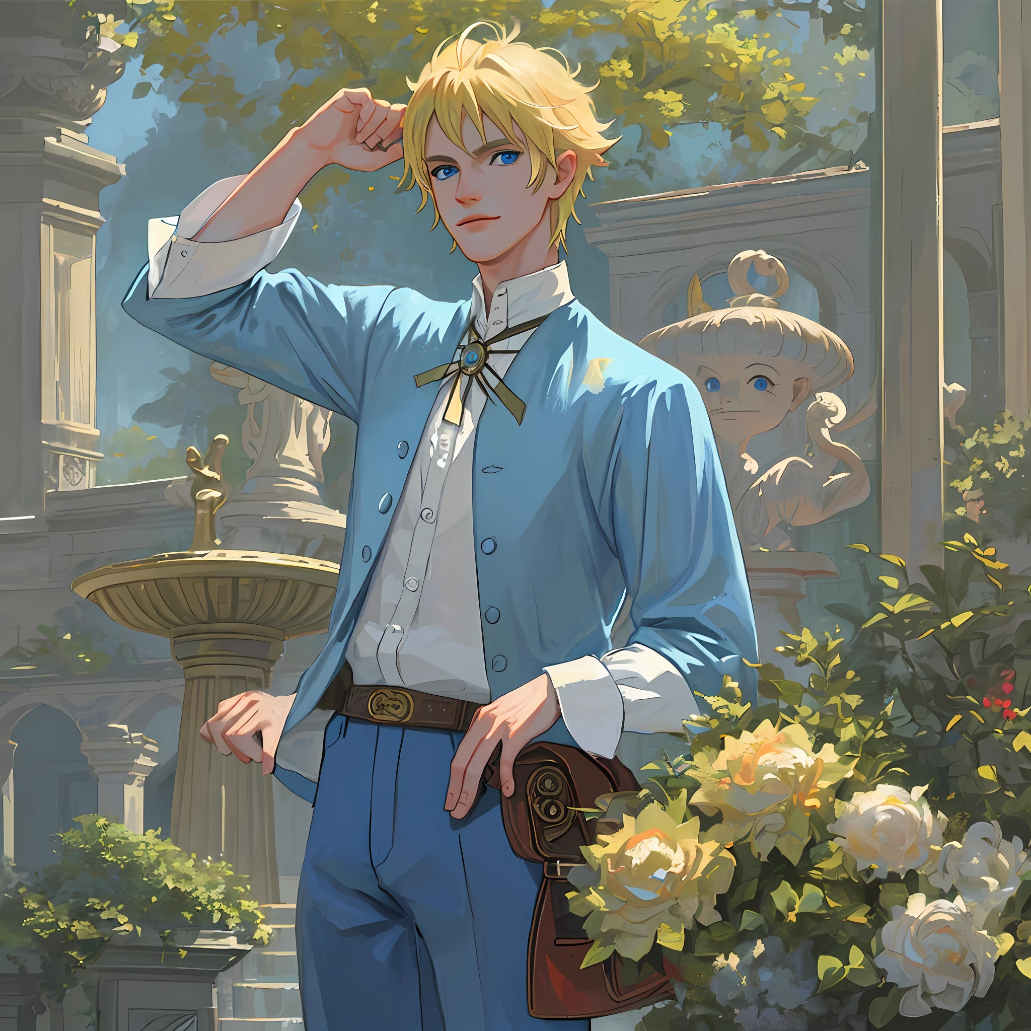 ((((masterpiece)))), (best quality), ((Hyper detailed)), ((High detail)), ((Exquisite detail)), (1 boy), (solo), (cowboy shot), (looking at viewer),((outside)), (((antique))), ((palace)), ((garden)), ((fountain)),
(flower), ((mature male)),((victorian outfit)), ((tall and muscular)), ((whiskermark)), (short hair), uzumaki naruto, ((blonde hair)), detailed lips, (((prince))), ((blue eyes)), (((nobility))), ((long pant))