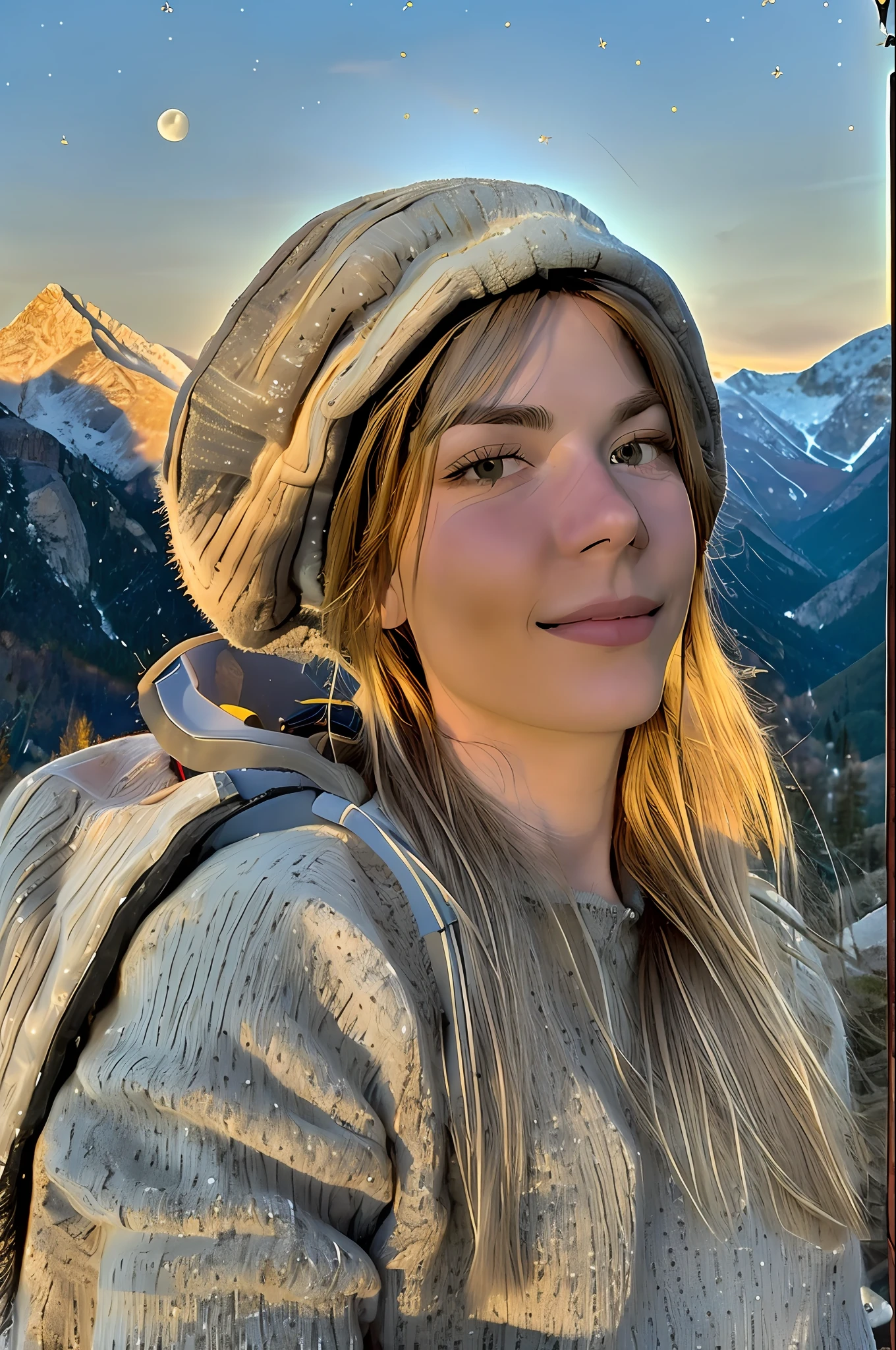 1 woman((upper body selfie, happy)), masterpiece, best quality, ultra-detailed, solo, outdoors, (night), mountains, nature, (stars, moon) cheerful, happy, backpack, sleeping bag, camping stove, water bottle, mountain boots, gloves, sweater, hat, flashlight, forest, rocks, river, wood, smoke, shadows, contrast, clear sky, og style (look at viewer:1.2) (skin texture) (film grain:1.3), (warm hue, warm tone) :1.2), close up, cinematic light, sidelighting, ultra high res, best shadow, RAW, upper body, wearing pullover