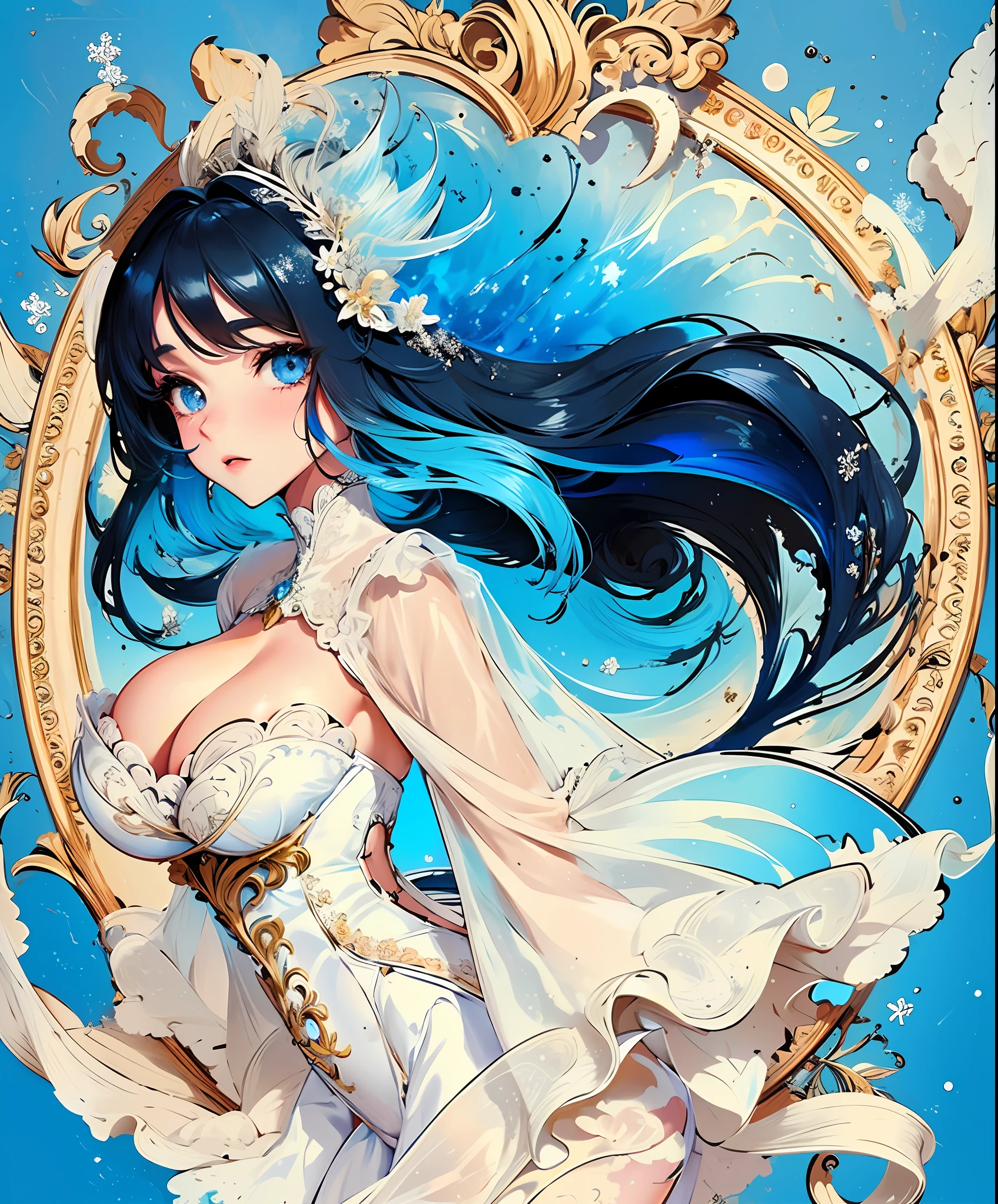 ((best quality)), ((masterpiece)), (ultra-detailed), (illustration), (detailed light), (an extremely delicious and beautiful), a girl, cute face, two legs, long skirt, (beautiful and detailed eyes), eyes full of stars, messy floating hair, colored inner hair, Starry sky dotted hair, (lots_of_big_colorful_Bubble), [pearl], [milky way], depth of field, [ice crystal], (snowflake), 20 years old, sexy theme, high detail, perfect face shape, perfect body, oversize model, full body, equally beautiful anime style girl, mature woman, tall long legs, extra huge breasts,,16k ,