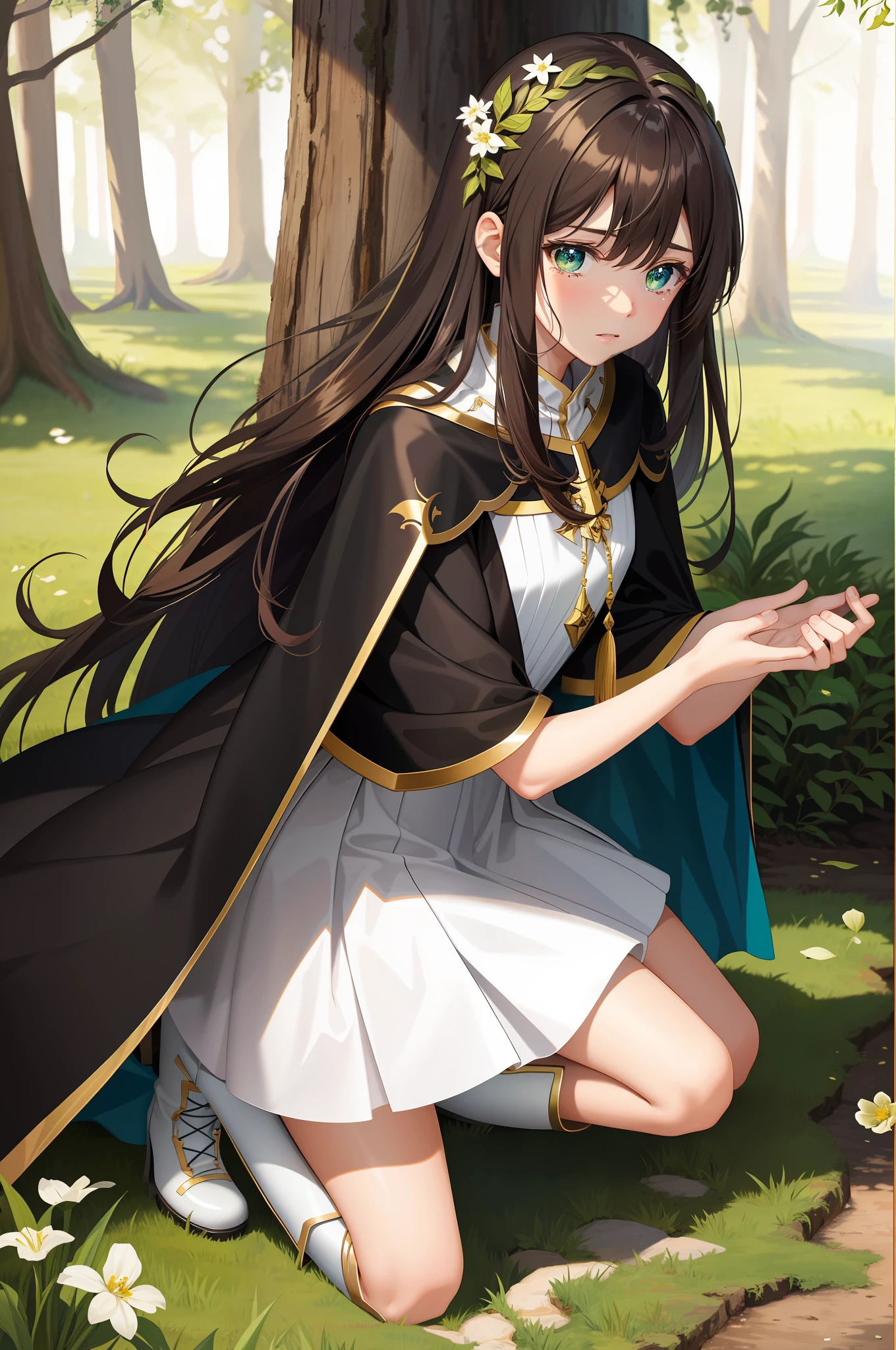 1 princess kneeling, looking at the palm of her hands, crying, sadness. The girl's hair is dark brown, sparkling green eyes, masterpiece, black and white dress, golden cape, white long boots, anime, woman, Asian, forest.