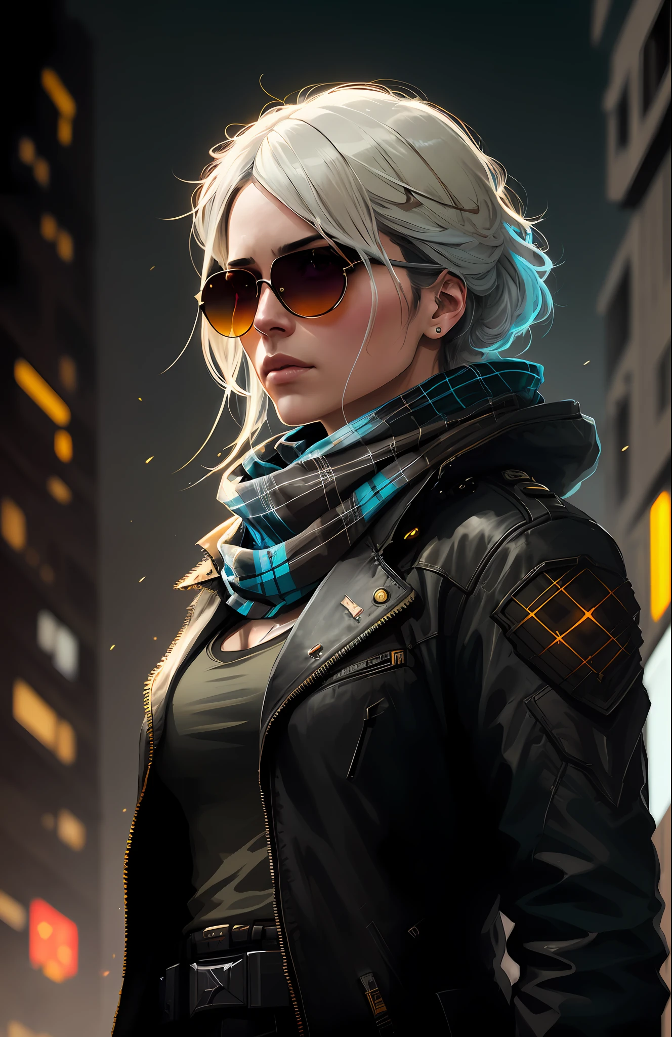 (dark shot:1.1), epic realistic, portrait of halo, sunglasses, blue eyes, tartan scarf, white hair by atey ghailan, by greg rutkowski, by greg tocchini, by james gilleard, by joe fenton, by kaethe butcher, gradient yellow, black, brown and magenta color scheme, grunge aesthetic!!! graffiti tag wall background, art by greg rutkowski and artgerm, soft cinematic light, adobe lightroom, photolab, hdr, intricate, highly detailed, (depth of field:1.4), faded, (neutral colors:1.2), (hdr:1.4), (muted colors:1.2), hyperdetailed, (artstation:1.4), cinematic, warm lights, dramatic light, (intricate details:1.1), complex background, (rutkowski:0.66), (teal and orange:0.4)