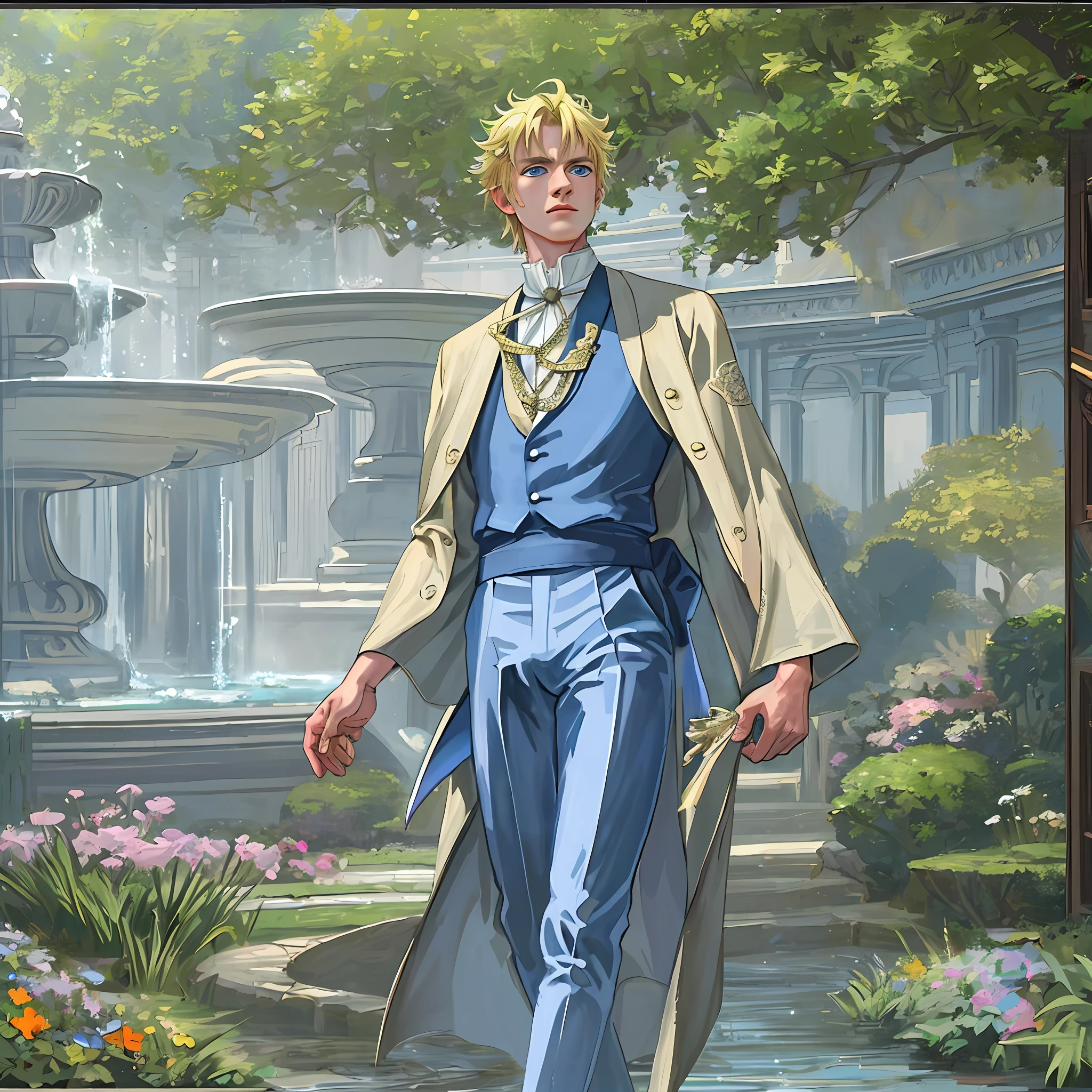 ((((masterpiece)))), (best quality), ((Hyper detailed)), ((High detail)), ((Exquisite detail)), (1 boy), (solo), (cowboy shot), (looking at viewer),((outside)), (((antique))), ((palace)), ((garden)), ((fountain)),
(flower), ((mature male)),((victorian outfit)), ((tall and muscular)), ((whiskermark)), (short hair), uzumaki naruto, ((blonde hair)), detailed lips, (((prince))), ((blue eyes)), nobility, ((long pant))