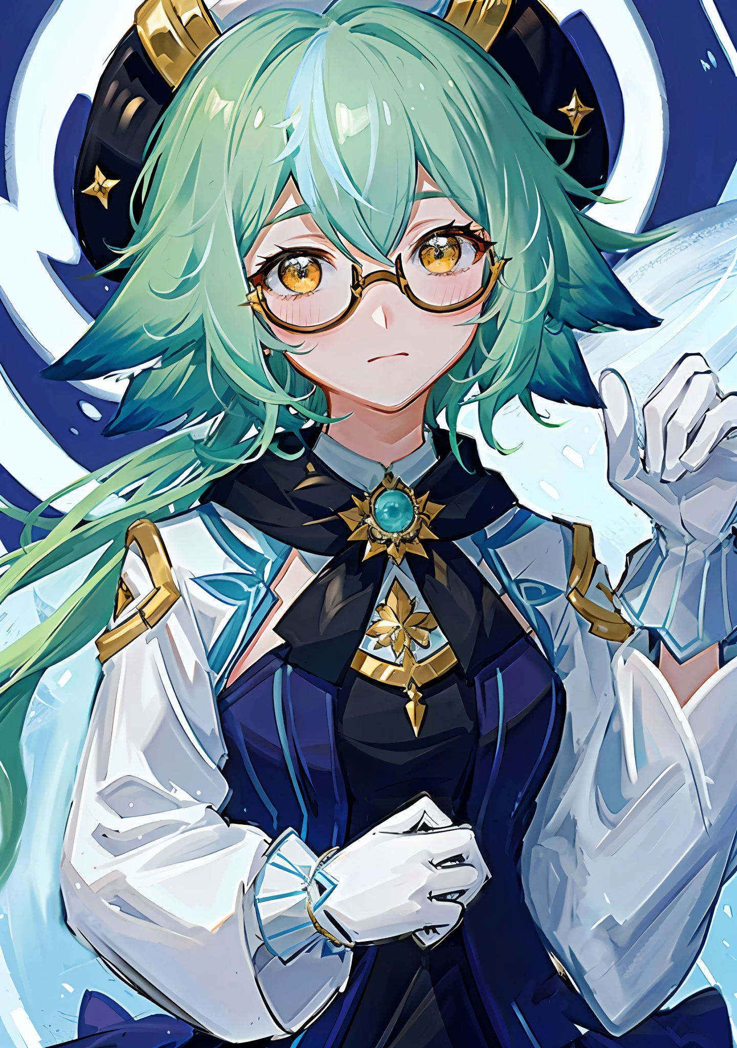 8k, super detail, masterpiece,super detail, high quality, high resolution, high detail, face detail, teal hair with animal ears, yellow eyes, wearing glasses, wearing hat, short hair, shy, blushing