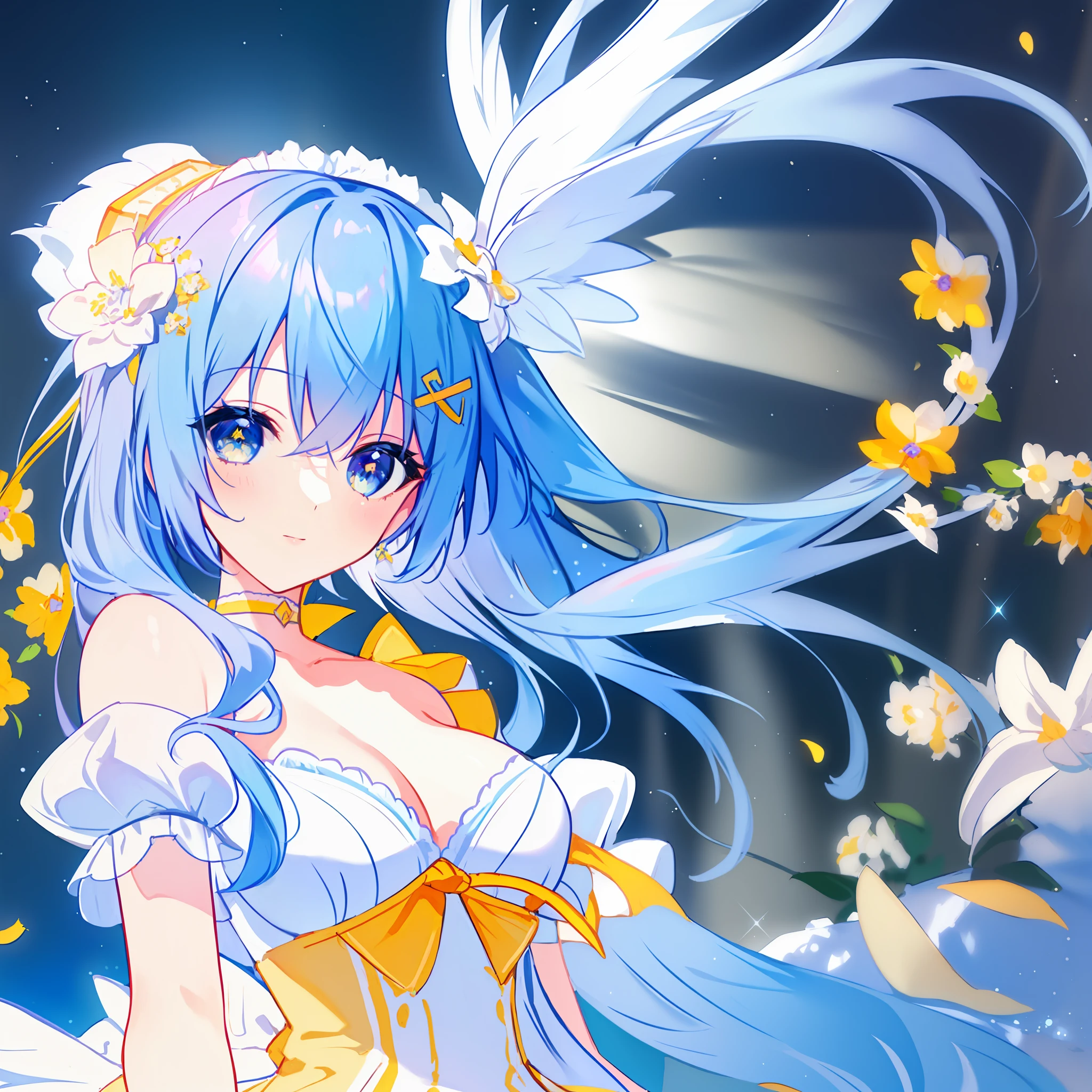Facing right, ((((Masterpiece)))), (((Best Quality)))), ((((Very detailed))), Detailed fingers, Illustration, 1 girl, Solo, Sky blue long hair, violet colored eyes, Flower hair ornament, White feather hair ornament, Yellow moon hair ornament, Wide open chest, Large breasts, Large white ribbon at the waist, Yellow idle dress, Choker with yellow ribbon with white flowers, White gloves, White tights , MIKU, Royal Elegant Pose