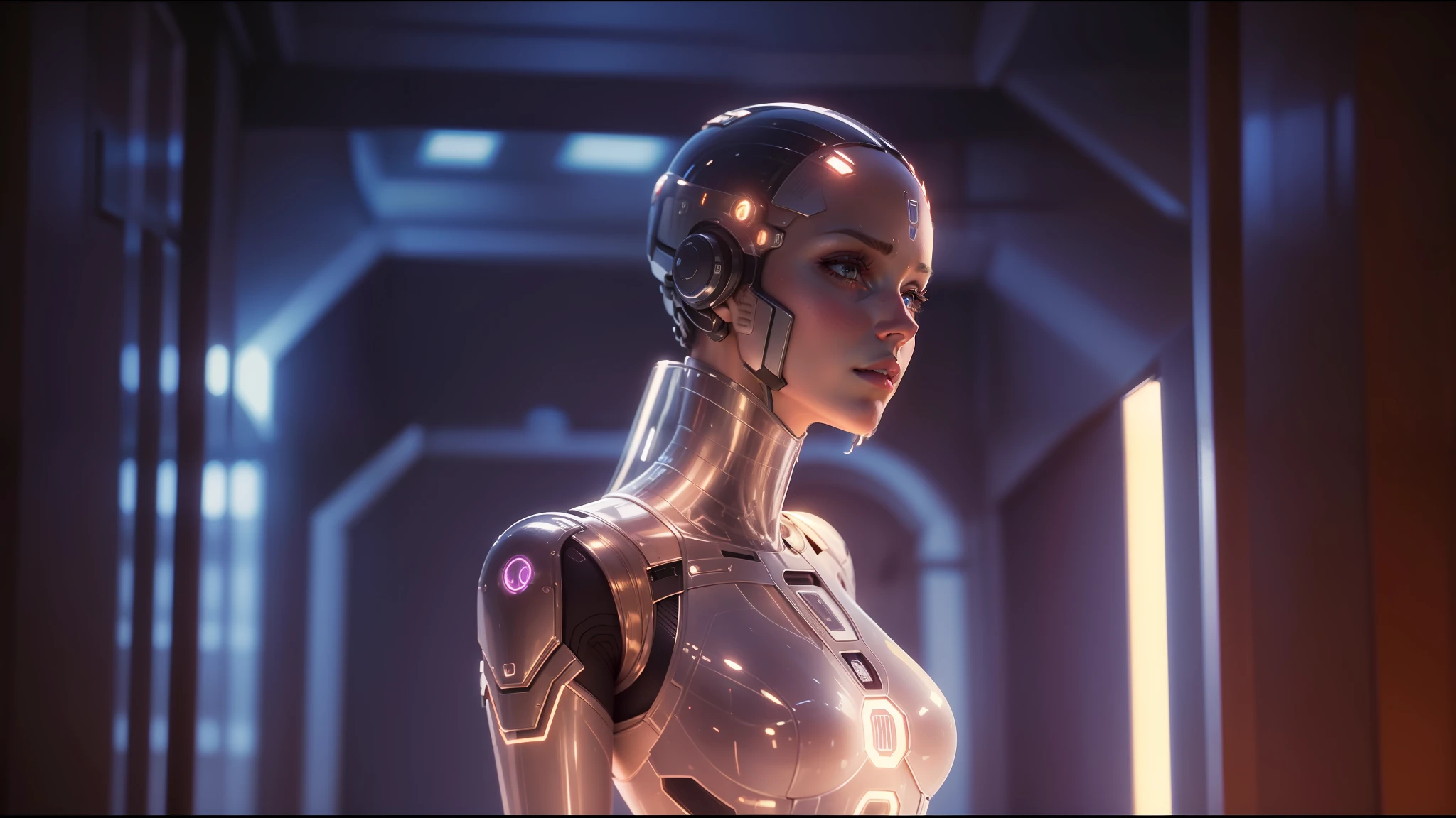 a close up of a woman in a transparent suit standing in a hallway, still from alita, ex machina (2014), movie still of a cyborg, still from the movie ex machina, ultra detailed female android, beautiful alluring female cyborg, portrait of a female android, movie still of a alien cyborg, cgsociety 9 --auto --s2