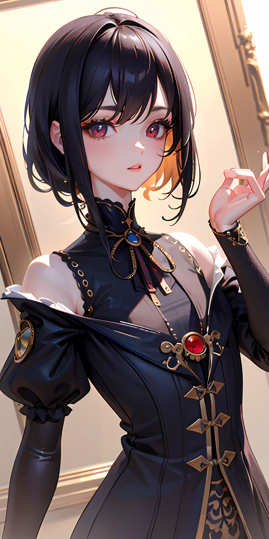 (masterpiece, sidelighting, finely detailed beautiful eyes: 1.2), (masterpiece*portrait), portrait, (bust), realistic, 3d face, lusious skin, ((solo)), (perfect face), (face close-up), scarlet eyes, hanging eye corners, (head and neck length 2 to 1), ((High detail skin, visible pores)), (perfect body), beautiful steampunk girl, small breasts