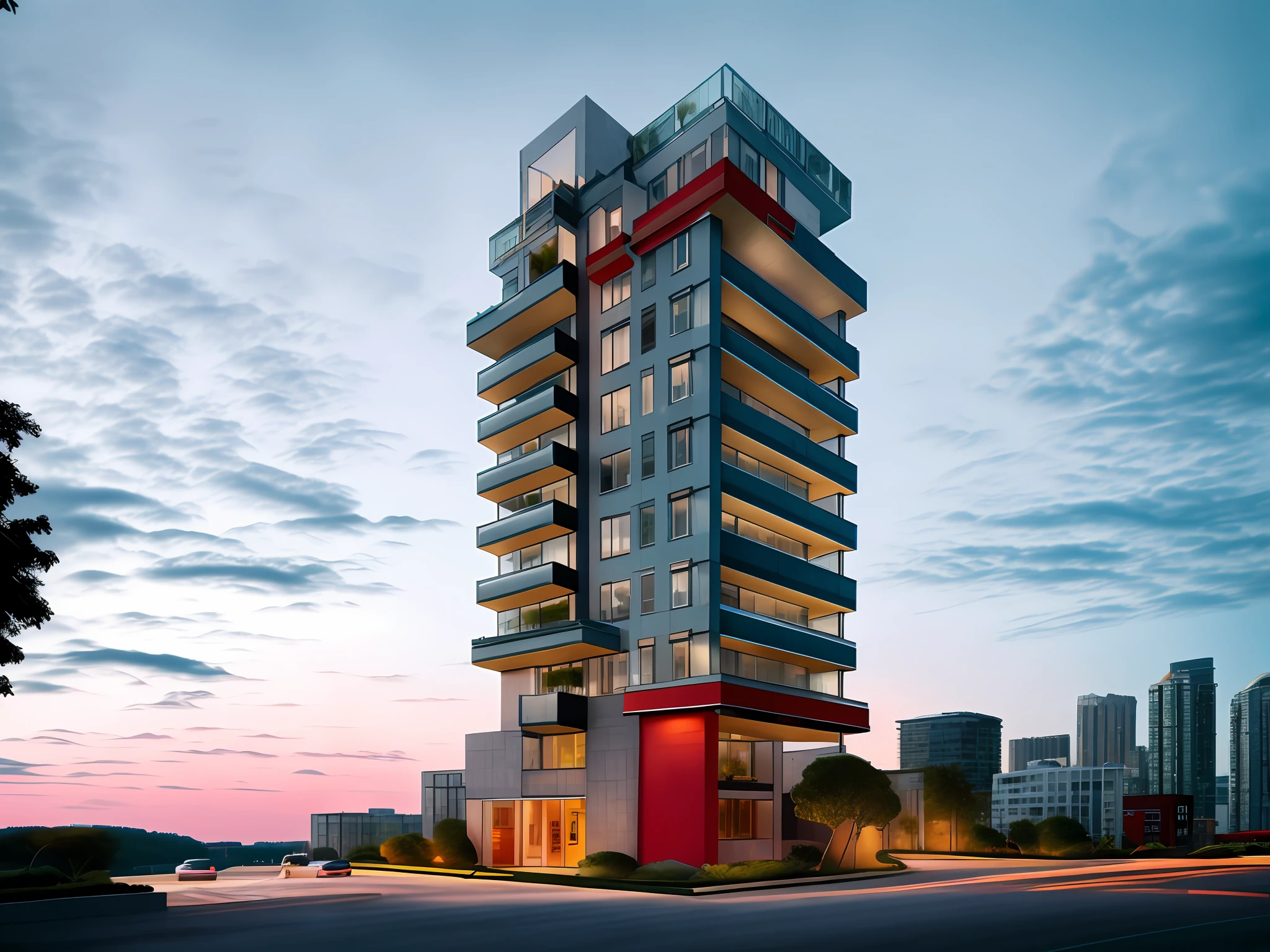 modern condominium tower in singapore with big overhang balcony and tress, Realistic black asphalt street and cars, city street with human and cars, contemporary Singapore apartment, condominium tower with overhang and cutout balcony, cutout balcony with plants and trees,a modern condominium tower with balcony cutout, glass curtain wall, shopping mall in the bottom, beautiful photo, Realistic render, edge and line enhance, shapener, octane render, ray tracing, 16k, ultra HD, Amazing beautiful modern condominium, perspective view, architectural scene, concrete structure exterior, 2 point perspective view, architectural photography, highrise condominium, Kengo Kuma, green balcony, cityscape in background, ray tracing, striped arrangements, wide angle, cloud, tree, skyscraper, blue sky, city, real world location (Image Sharpener:0.7) brutalism,brick wall,red brick,lattice facade,public building, building, house, outdoors, day,best quality, realistic, photorealistic,ultra detailed,16K,High quality texture,intricate details,detailed texture,finely detailed,photo of building , pixels perfect, sharpen edge, edges sharpener --auto --s2