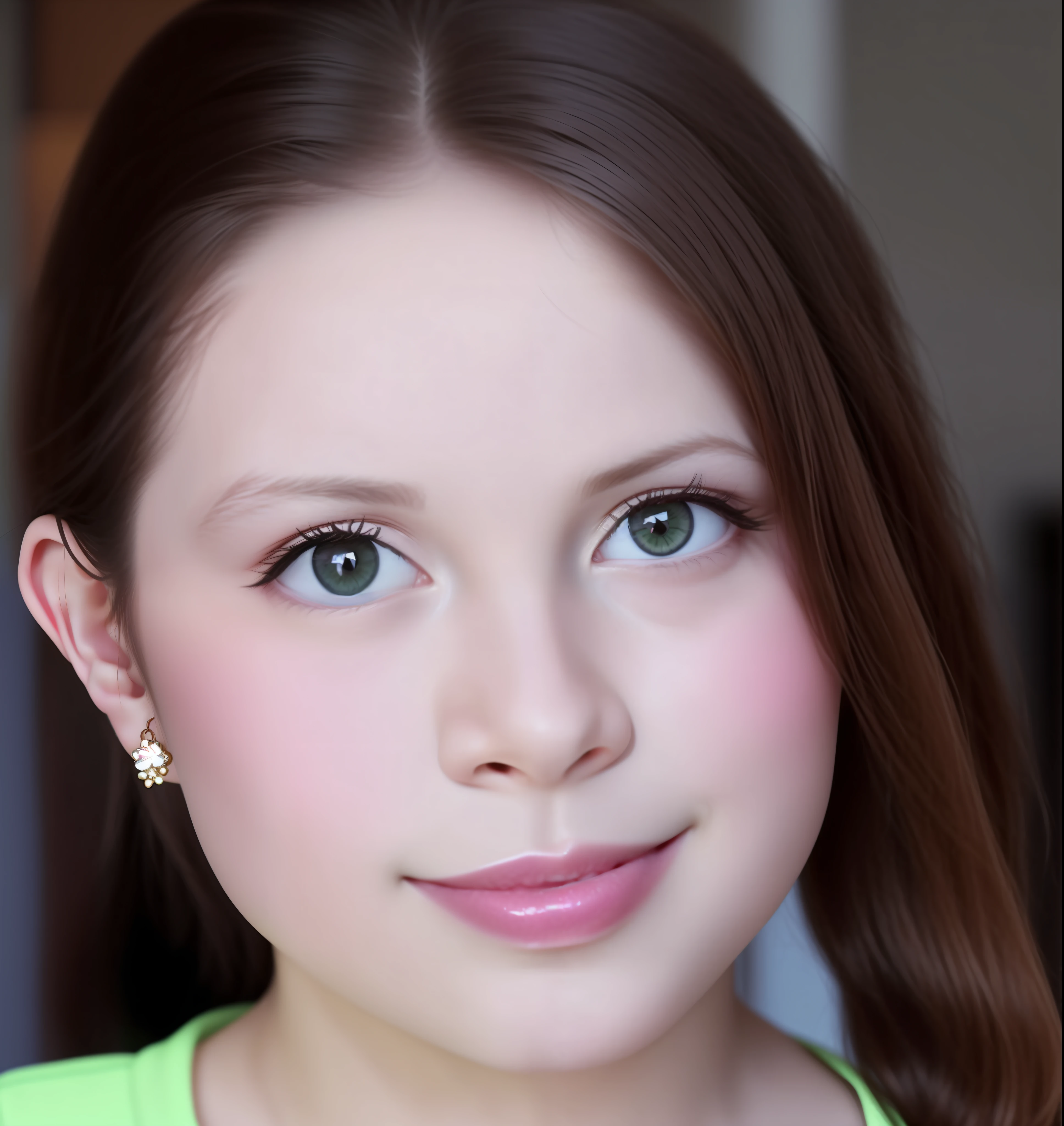 there is a young girl with a green shirt and a pink tie, brown hair and large eyes, the face of absurdly beautiful, extremely beautiful face, large downslanted eyes, small lips pointy nose, pretty face features, cute round slanted eyes, with round cheeks, hyperrealistic , perfect face ), young cute face, beautiful pretty young, youthful face