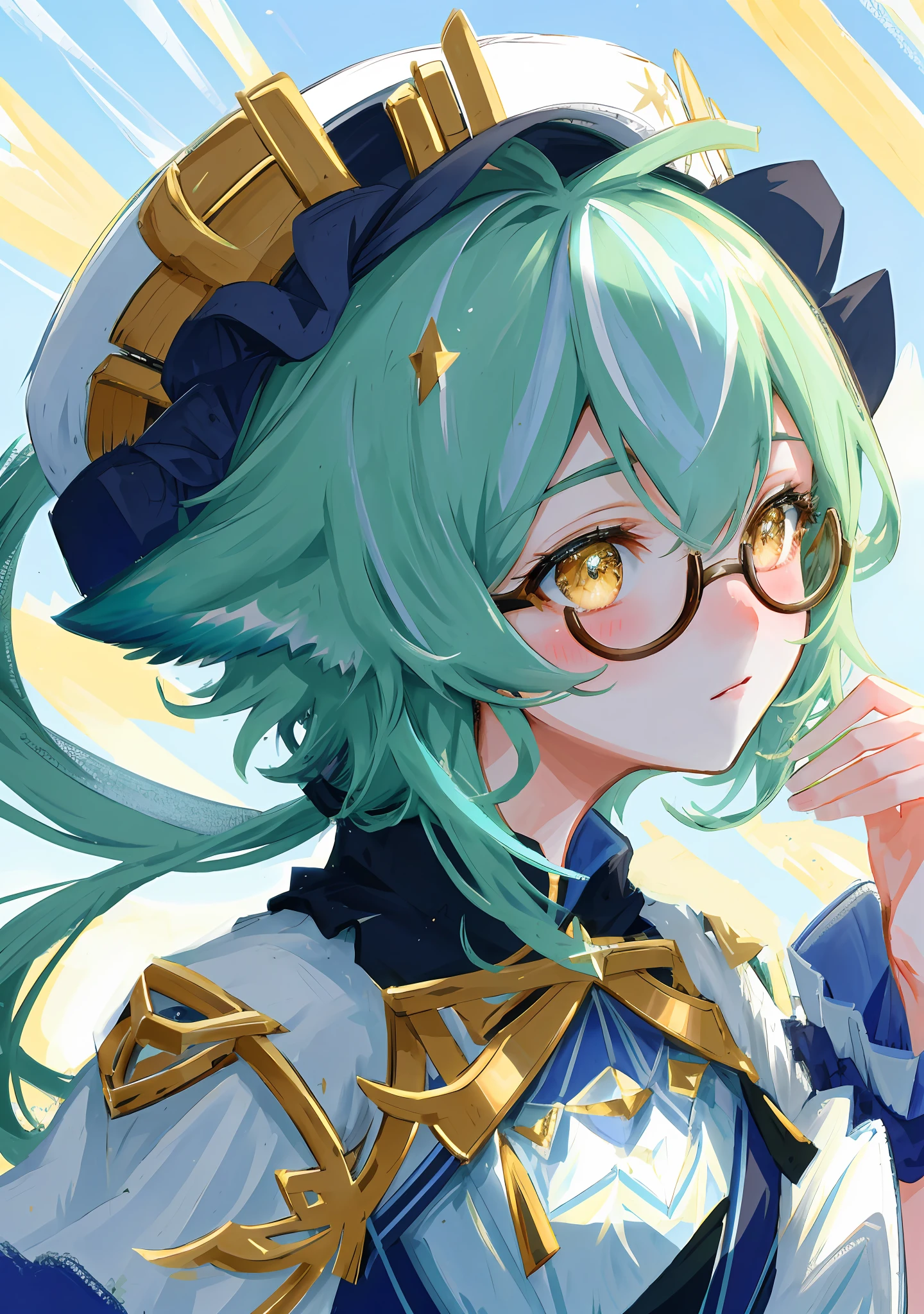 8k, super detail, masterpiece,super detail, high quality, high resolution, high detail, face detail, teal hair with animal ears, yellow eyes, wearing glasses, wearing hat, short hair, shy, blushing