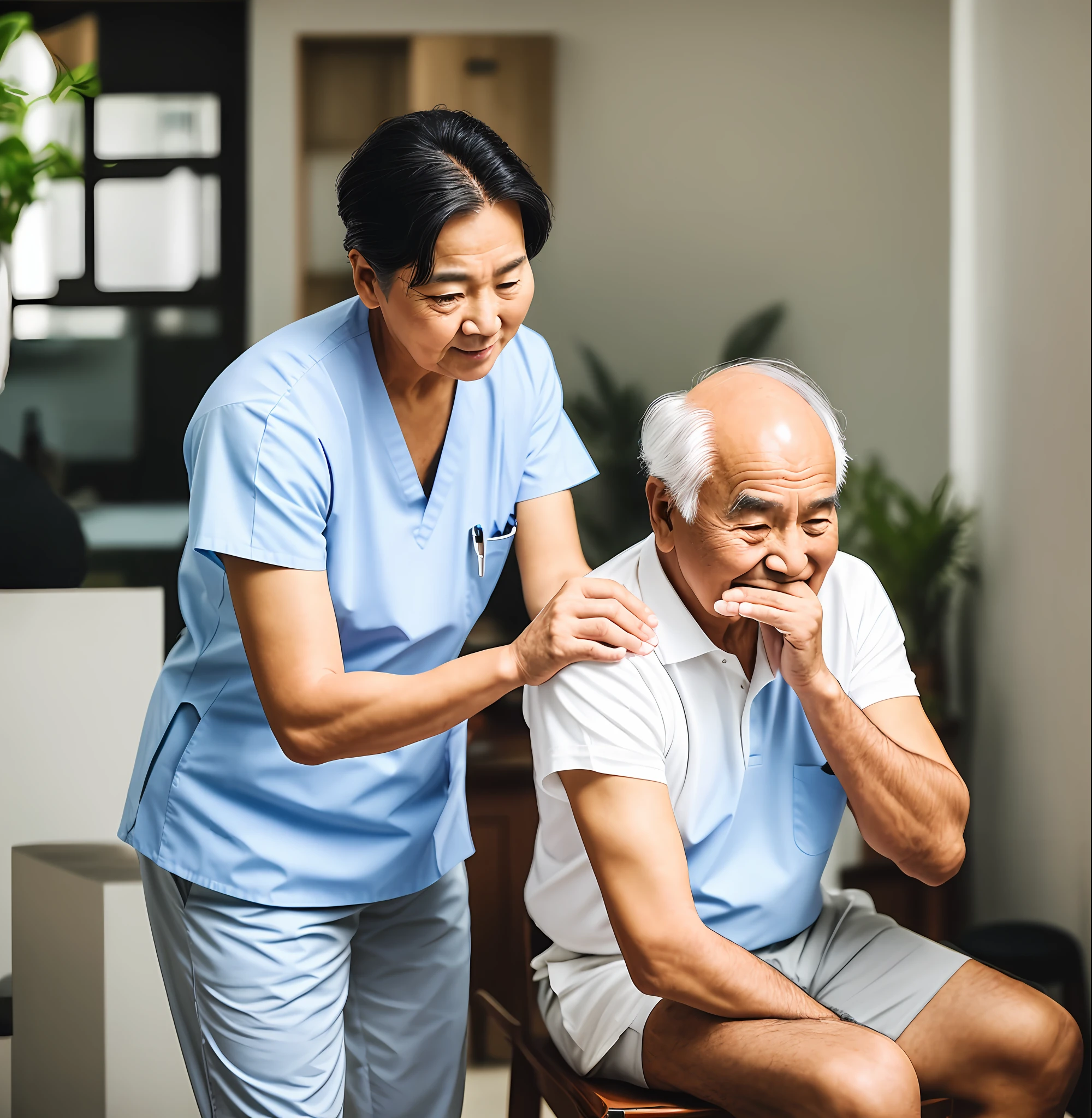 The elderly man lowered his head and covered his mouth with his hand with a very uncomfortable expression, next to a young female nurse patting the back of the old man, rich in details, half-body photos, professional videography, female nurse expression eager, old man expression is very uncomfortable