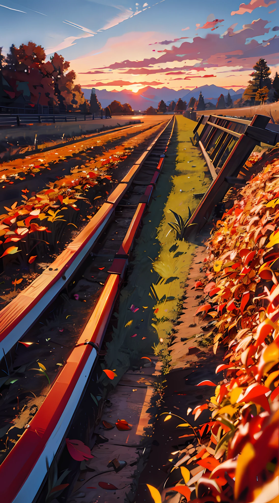 Autumn, Burning Clouds, Sunset: 2, Sunlight, Wide Field, Low Angle Shot, Best Quality, 8K, Perspective, Depth of Field, High Resolution, Fine Detail, Ultra Detail, Sharp Focus