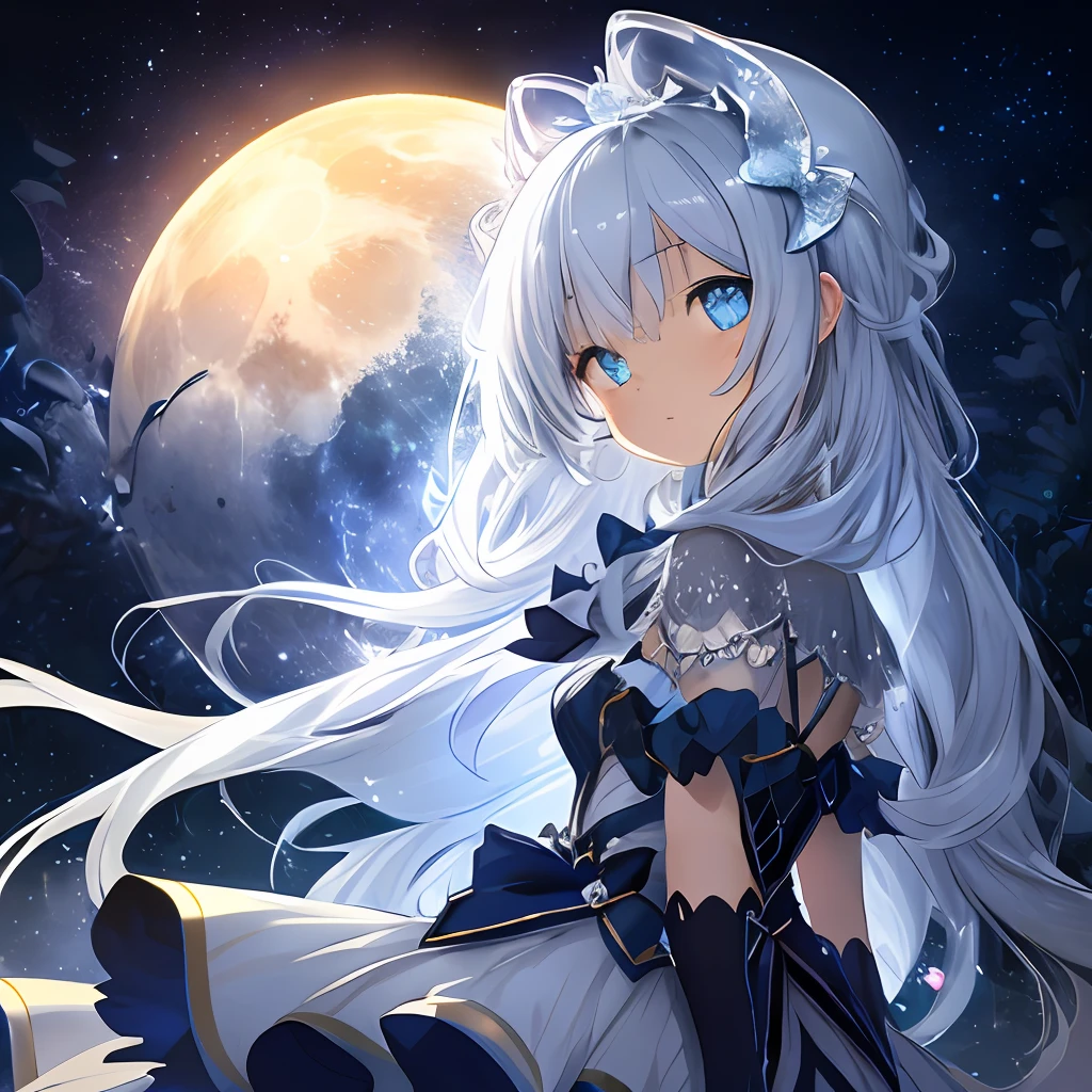{Blue Moon True Love Personification} {1 girl} {3D HDTV Background} {Mystical Moonlight in the Night Sky} {Waterfall} {Expressing True Love} {Splash} {Blue Moon Eyes} {{Blue Moon Cutie Long Hair} {Super High Quality} {Ultra Best} {Backlit lights emit dazzling light} {Classic Princess Beads Satin Lace Strapless Half Skirt} { Night SceneMoonlightTwinkling meteor showerTwinkle shooting star light orb} {Detailed expression of fingers} {Symmetrical pupil finish Clearly depict small white light reflections in the eyes, which adds depth to the eyes}{upper body only} {hands back} {arms back} {adult attractive woman}{blue moon}