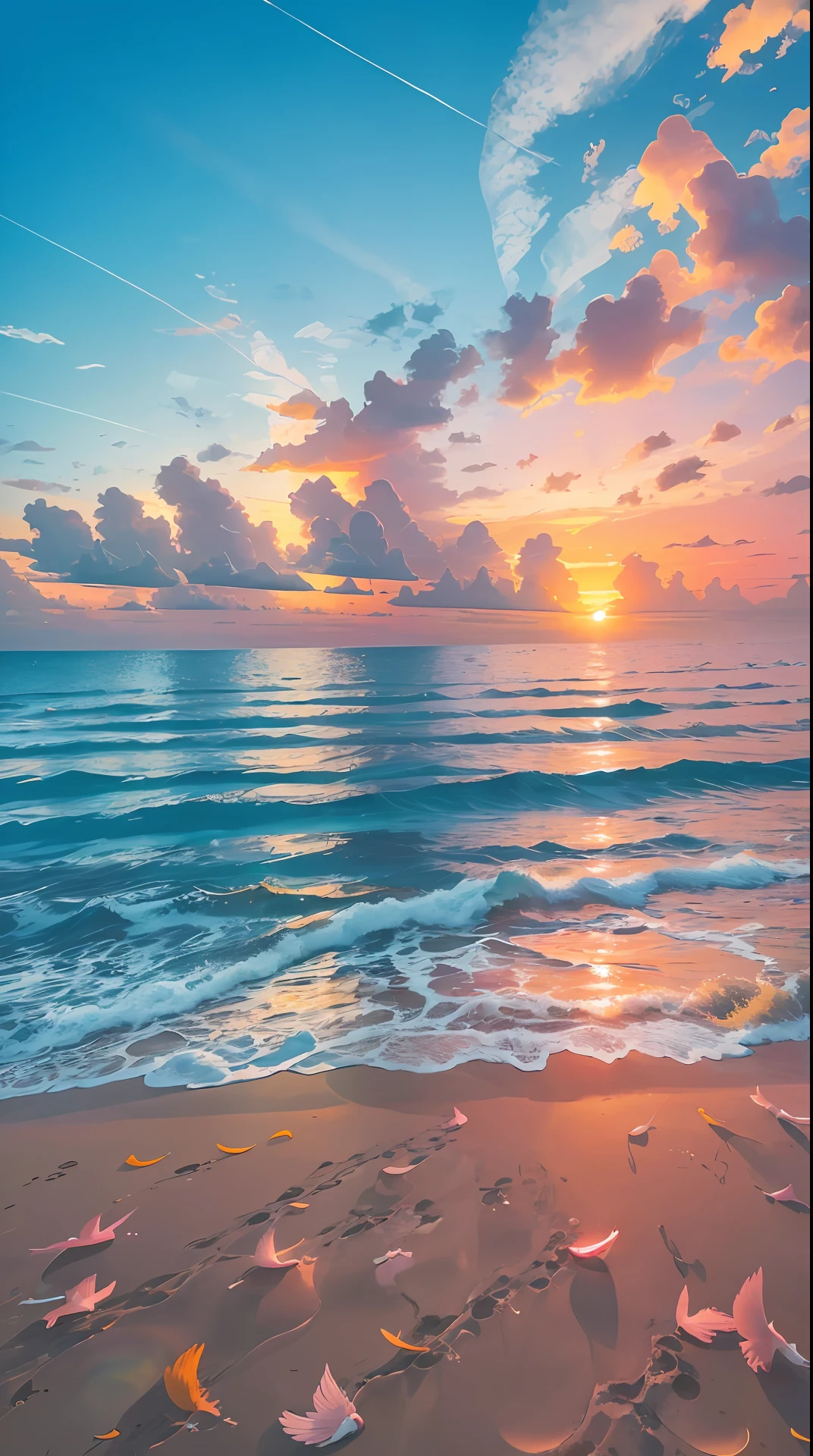 Absolutely mesmerizing sunset on the beach with a mix of oranges, pinks and yellows in the sky. The water is crystal clear, gently kissing the shore, and the white sand is endless. The scenes are action-packed and breathtaking, with seagulls soaring high in the sky and palm trees swaying gently. Immerse yourself in the calm atmosphere and let the serenity surround you. --auto --s2