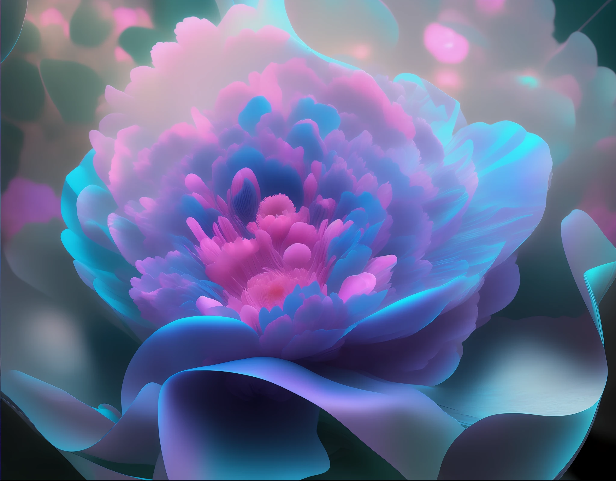 there is a pink flower with blue petals on a black background, glowing delicate flower, glowing neon flowers, neon flowers, glowing flowers, luminous flowers, fanciful floral mandelbulb, peony flower, james jean soft light 4 k, james jean soft light 4k, alien flower, magical flowers, beautiful flower, surreal waiizi flowers, 4k highly detailed digital art
