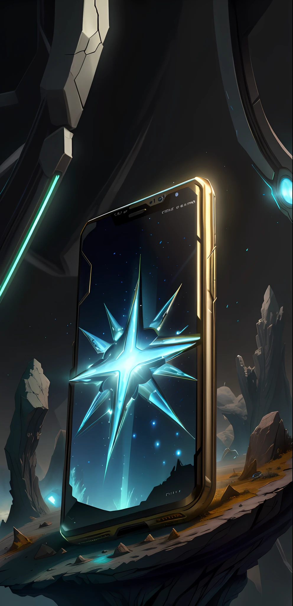 cell phone, ProtossAI, no one, technology, close-up, sci-fi scene, ground shattered, broken, phone dropped, broken glass,