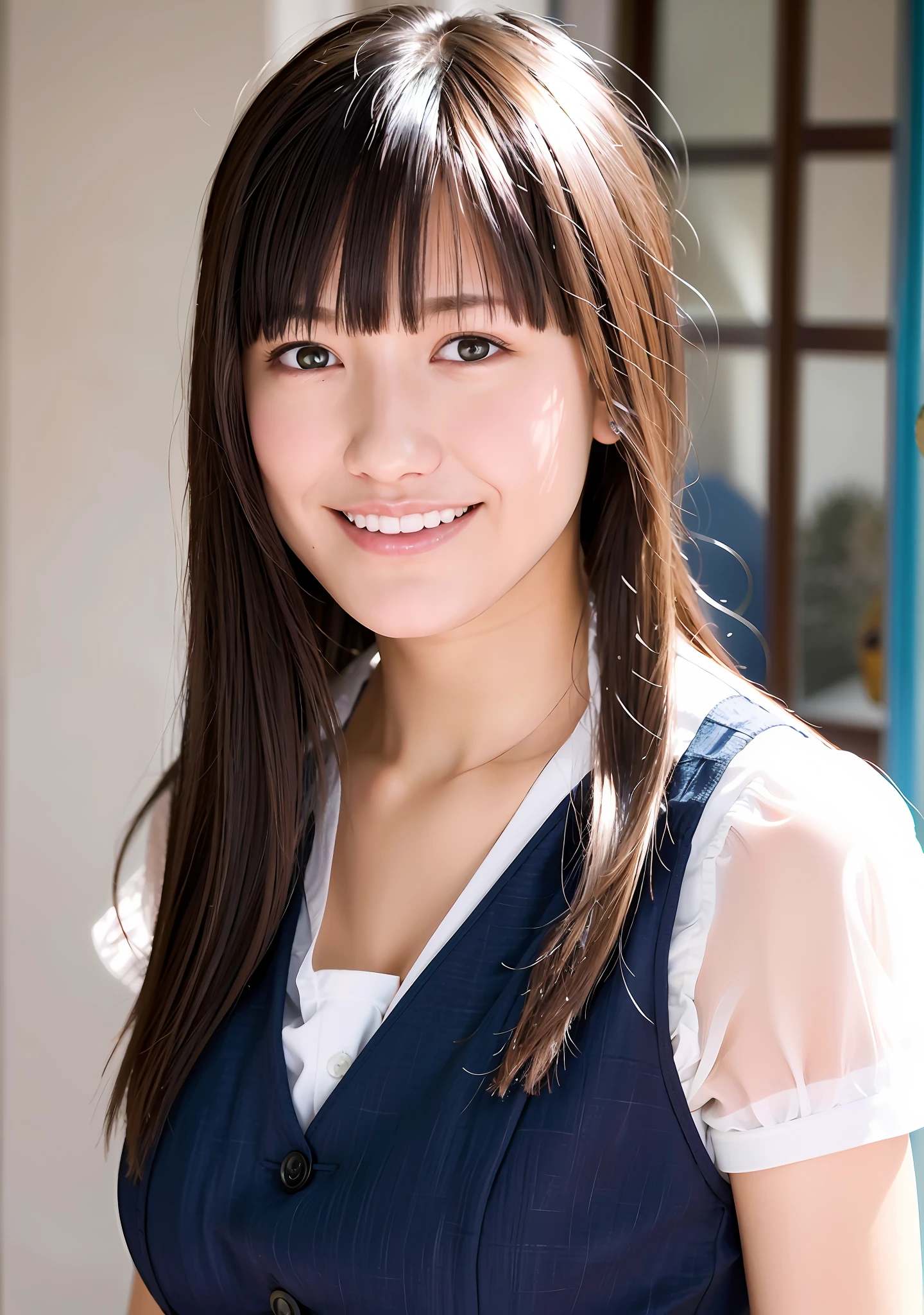 Top quality, ultra high resolution, (photorealistic: 1.4), dull bangs, bright smile, dress shirt,