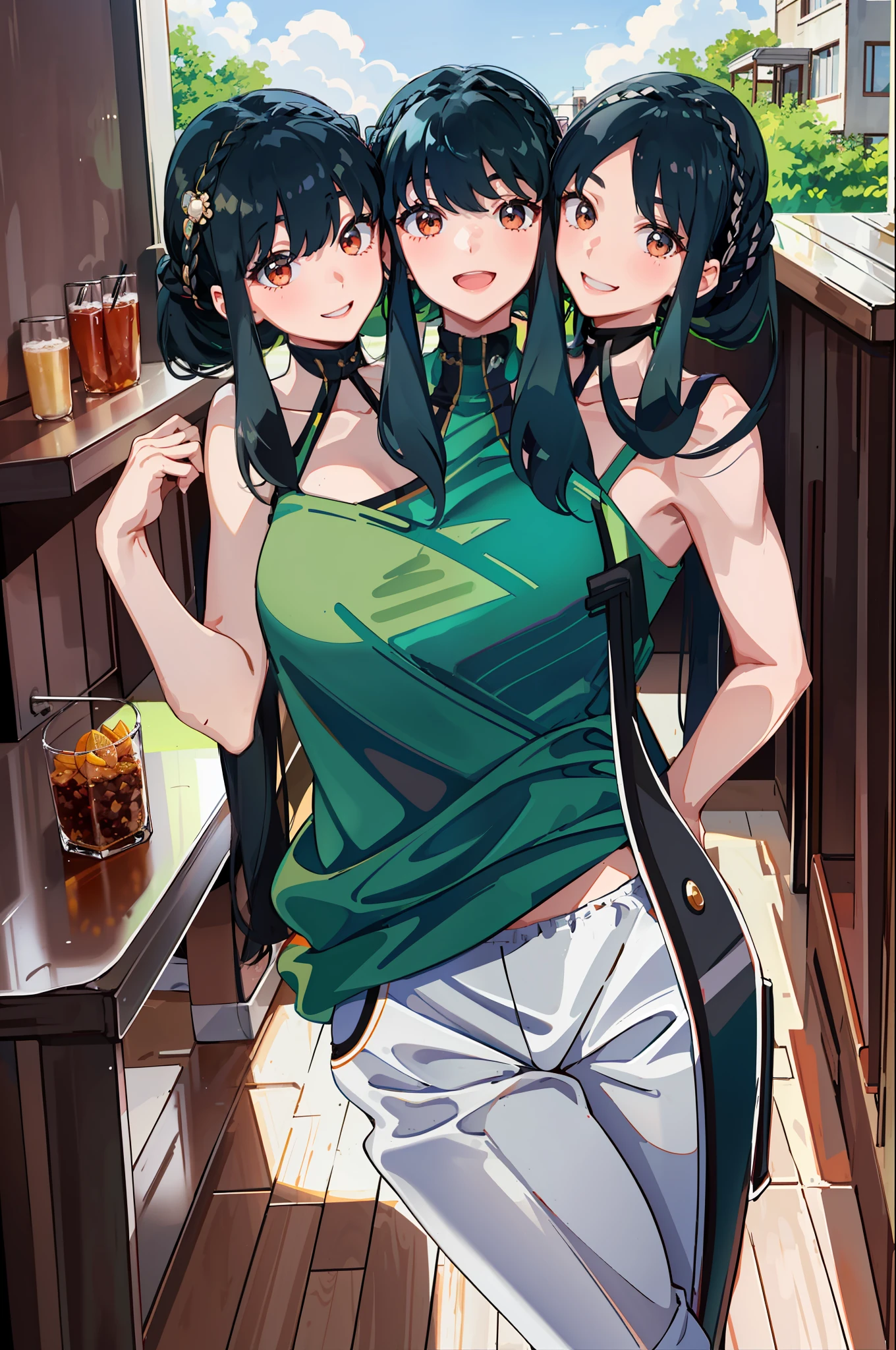 3heads, best quality, masterpiece
3 girls, black hair, identical hair color, smiling, necks side by side, three necks on shoulders, running, tanktop, sweatpants, outdoors
((three heads, 3head):1.5)