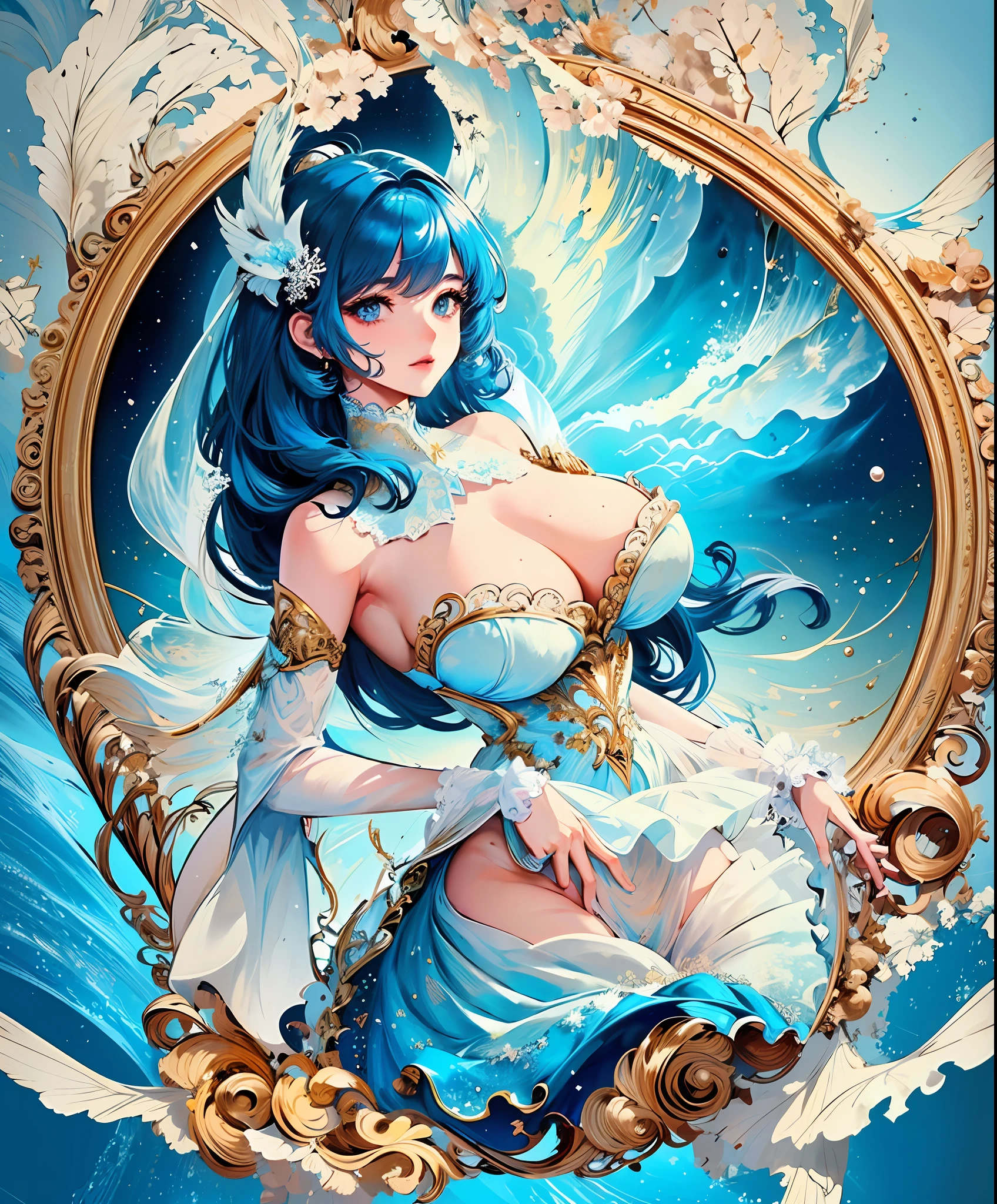 ((best quality)), ((masterpiece)), (ultra-detailed), (illustration), (detailed light), (an extremely delicious and beautiful), a girl, cute face, two legs, long skirt, (beautiful and detailed eyes), eyes full of stars, messy floating hair, colored inner hair, Starry sky dotted hair, (lots_of_big_colorful_Bubble), [pearl], [milky way], depth of field, [ice crystal], (snowflake), 20 years old, sexy theme, high detail, perfect face shape, perfect body, oversize model, full body, equally beautiful anime style girl, mature woman, tall long legs, extra huge breasts,,16k ,