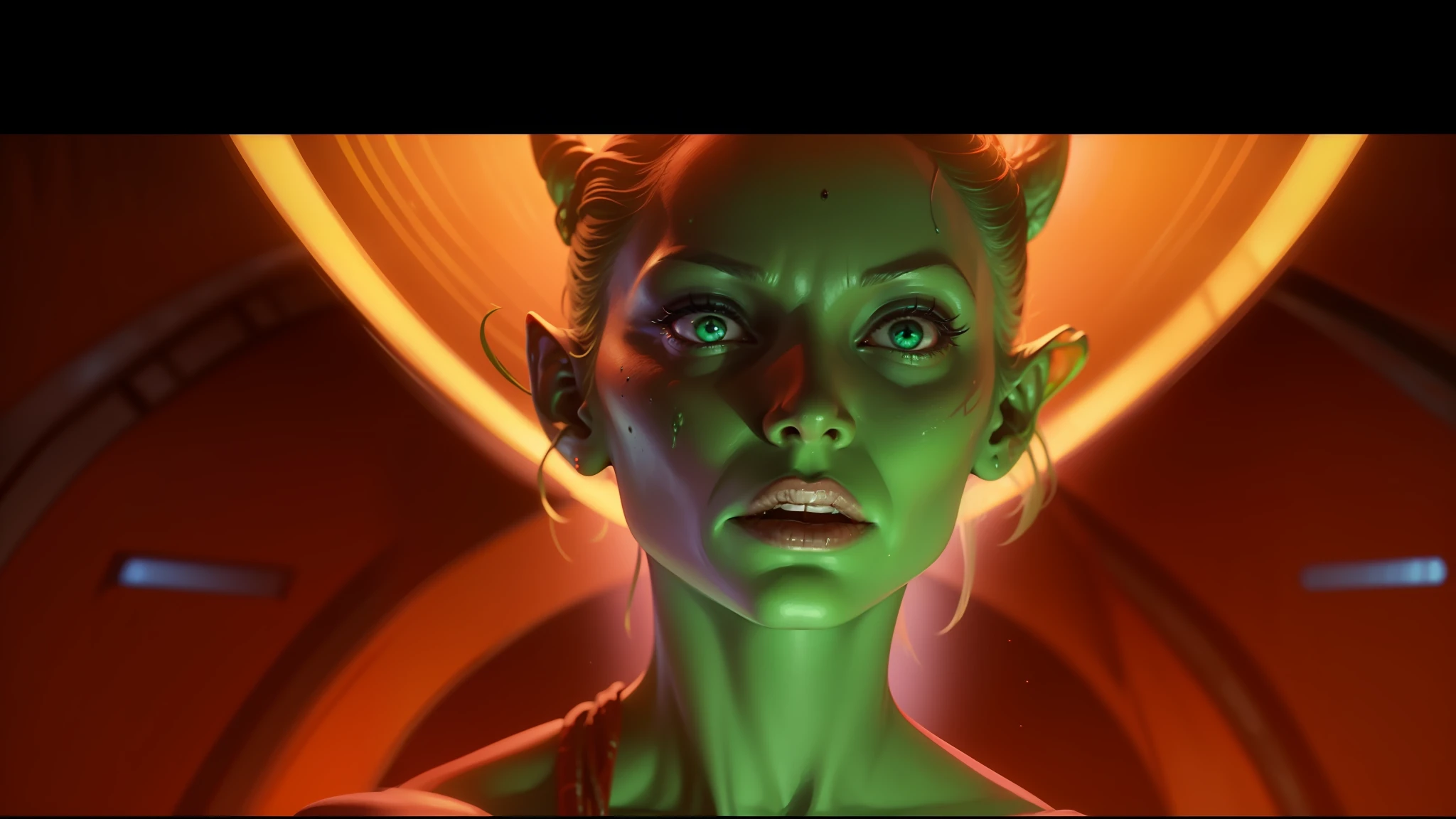 alien woman with glowing green skin and glowing eyes in a tunnel, style of suspiria and neon demon, 1980 cinematography, film art of character design, scifi film color palette, still from movie dune, jodorowsky's dune, ridley scott universe, jodorowsky's dune movie, screenshot from the 1983 film --auto --s2