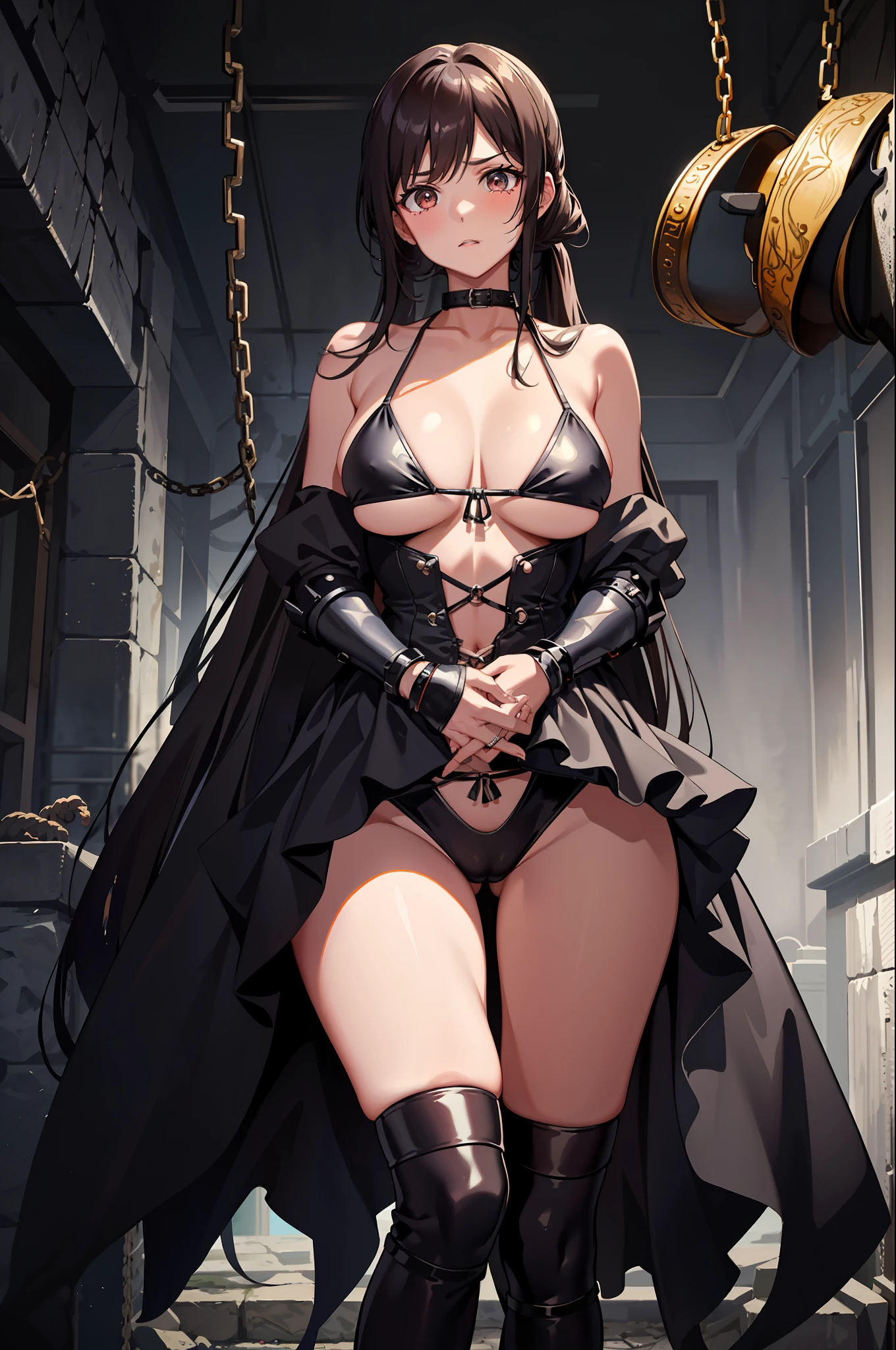 (masterpiece, premium quality: 1.2), alone, one girl, long ponytail, brown eyes, cruel mistress costume, anxious face, looking at the camera, in a dark basement, cobblestones with an eerie cold atmosphere, big, ((wearing torn medieval bikini armor))), sexy white shiny big, big cleavage, copious sweat on the body, blush, chest hollows, tied back with a rope, Open legs, open legs, chained, big, hands chained, binded, binded, slave collars, chains around the neck, dark fantasy, open legs, M-shaped open legs, tied behind the hands with ropes, silver chains, open legs, legs spread, hung by chains, pulled up by chains, crotch open, big, trying to spill out of the costume. restraint, slavery, collar, contempt, medieval bikini armor, tears, mature adult, charm, submission,