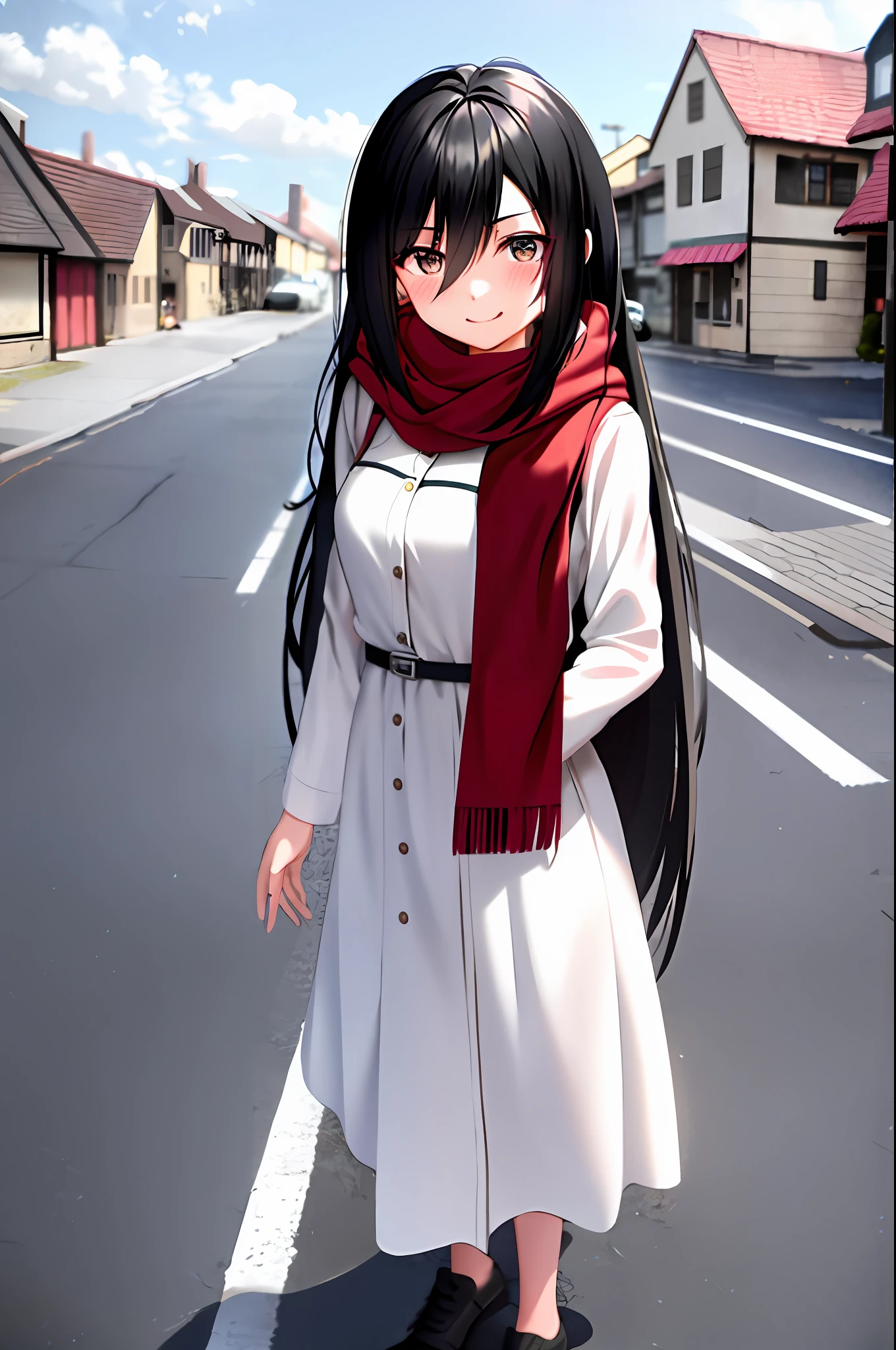 mikasa ackerman, young, teen, teenage version, shingeki no kyojin, 1girl, very long hair, bangs, black eyes, black hair, hair between eyes, red scarf, scarf, solo, standing, straight hair, long hair, white dress, 1:5, outdoor, old town background, smile, blush, shy, sexy pose,
, ((masterpiece))