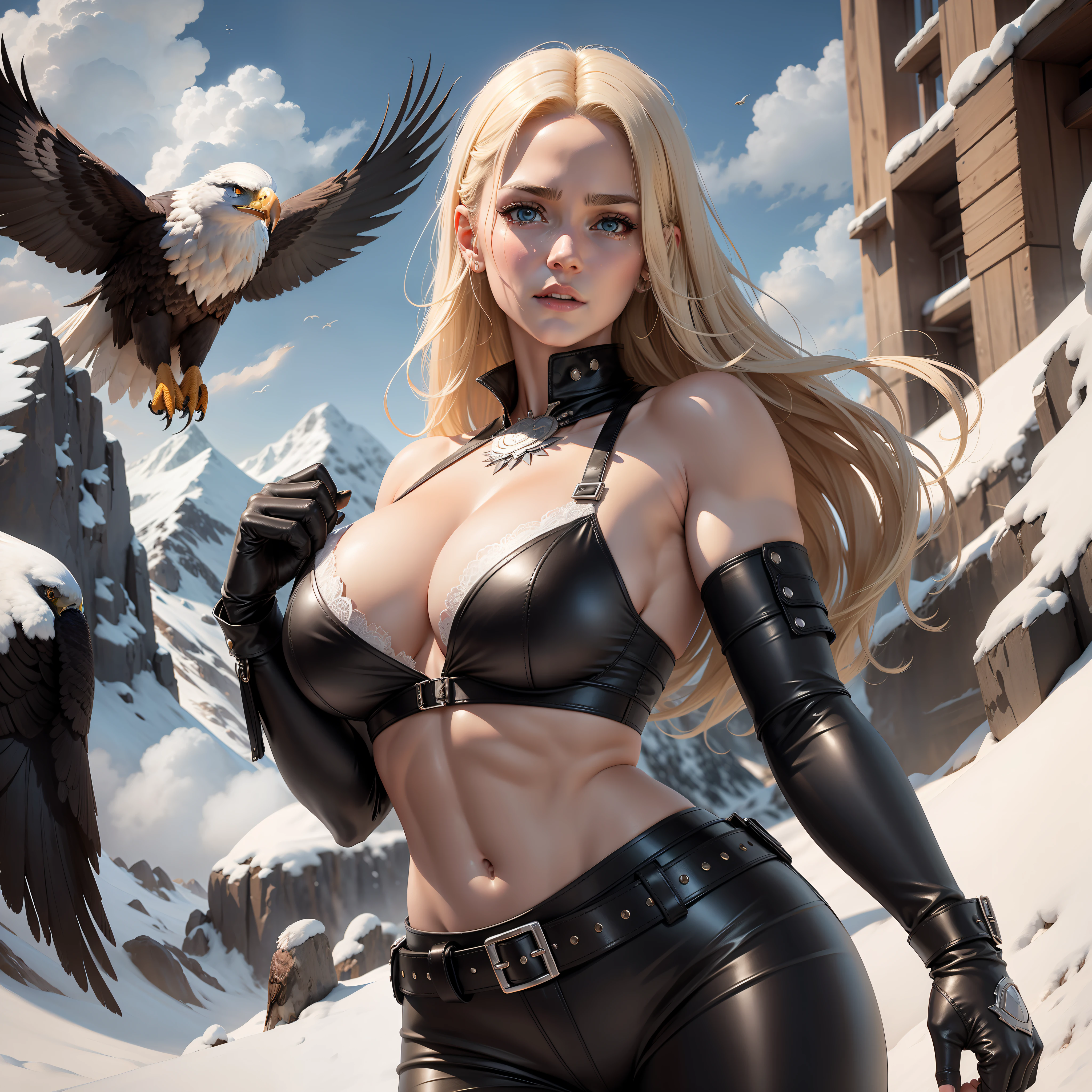 Black leather pants, white lace bra, big bust American blonde woman with abs, tearful eyes, standing on a snowy mountain, eagle flying in the air, sunny day