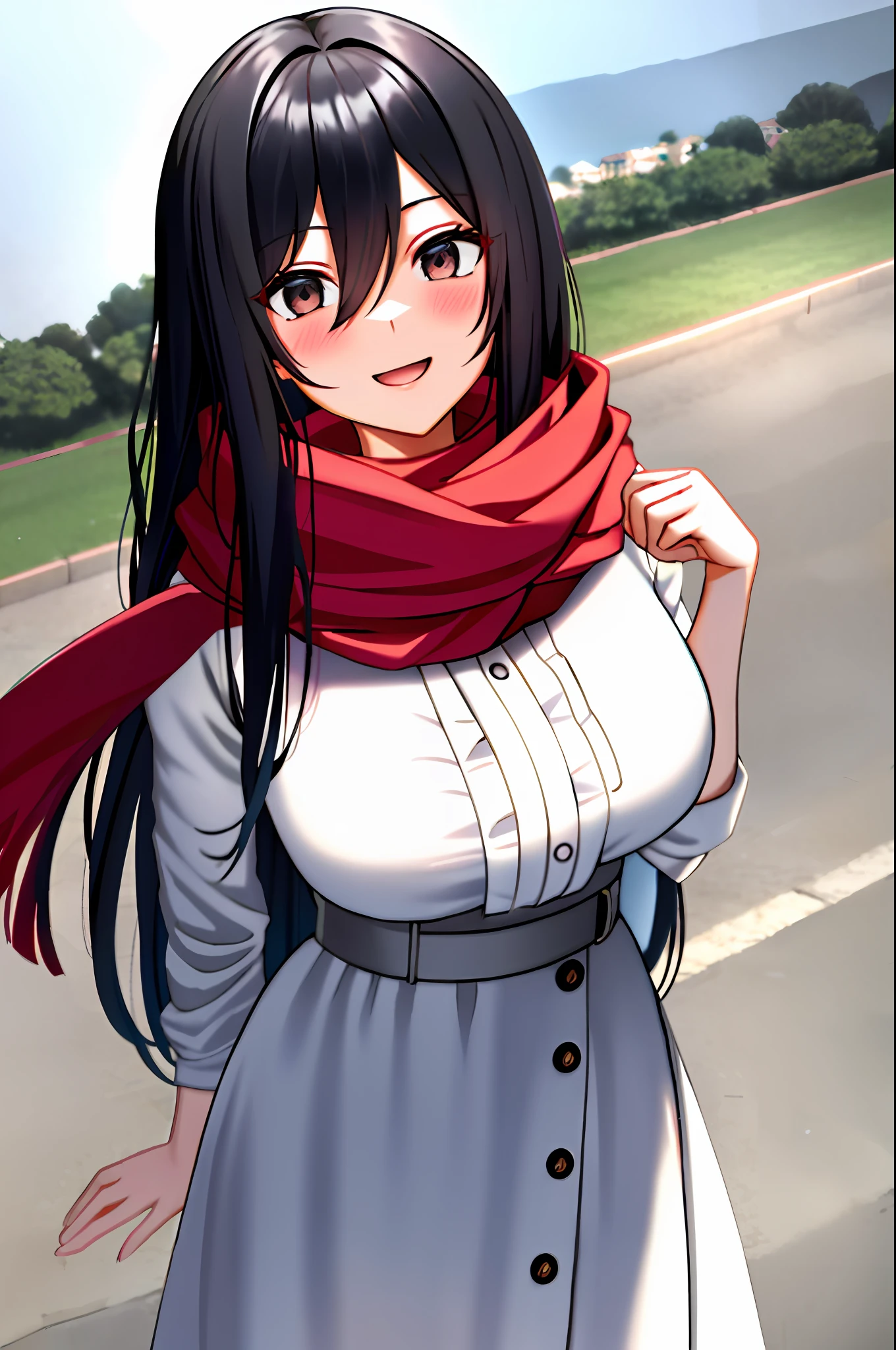 mikasa ackerman, young, , teenversion, shingeki no kyojin, 1girl, very long hair, bangs, black eyes, black hair, hair between eyes, red scarf, scarf, solo, standing, straight hair, long hair, white dress, 1:5, outdoor, old town background, smile, blush, shy, sexy pose,
, ((masterpiece))