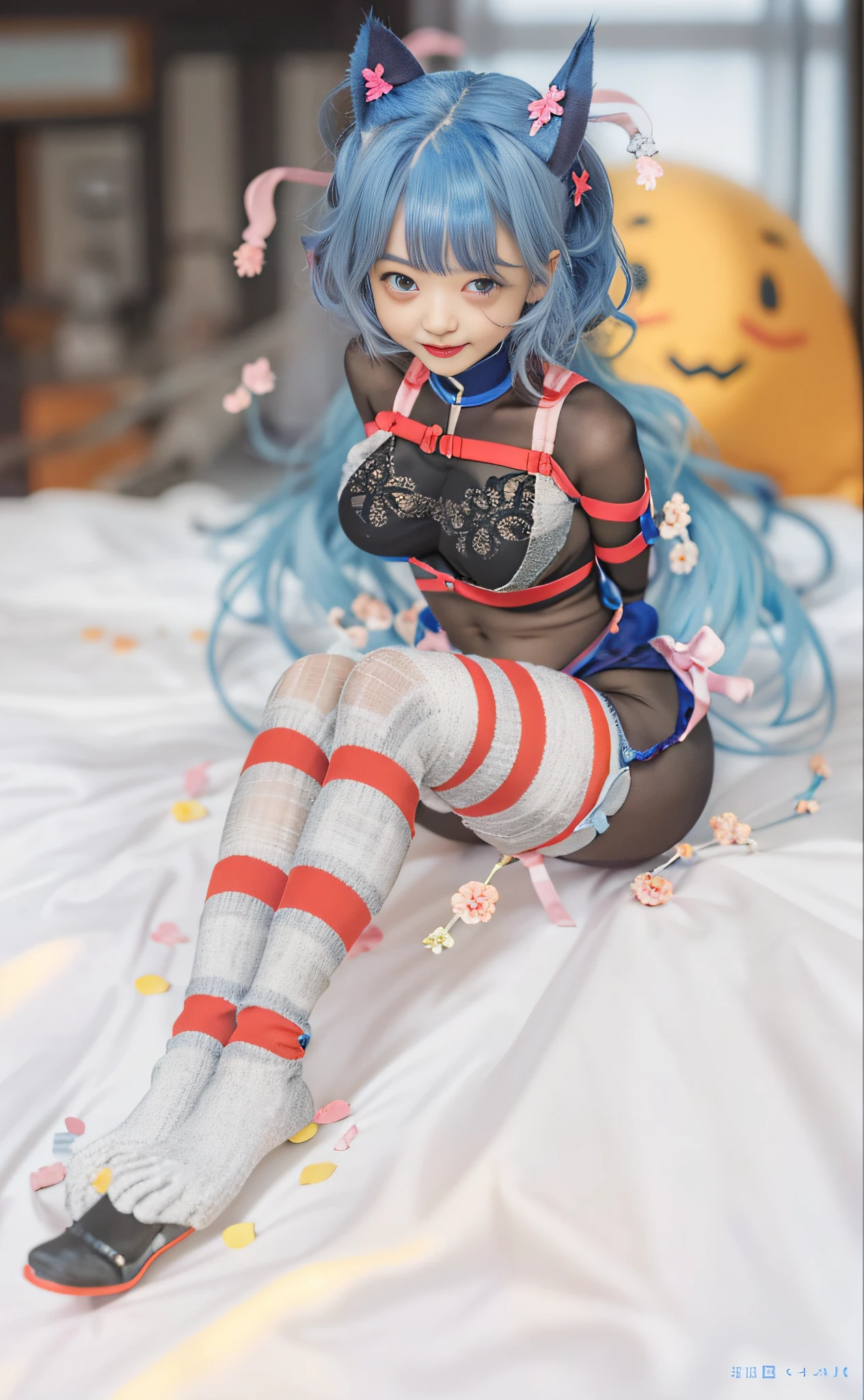 Girl with blue hair and black stockings sitting on bed, small curvy loli, highest image quality, outstanding detail, super high resolution, (realism: 1.4) (big breast: 1.2), seductive girl, cute, marin kitagawa fanart, cute catwoman