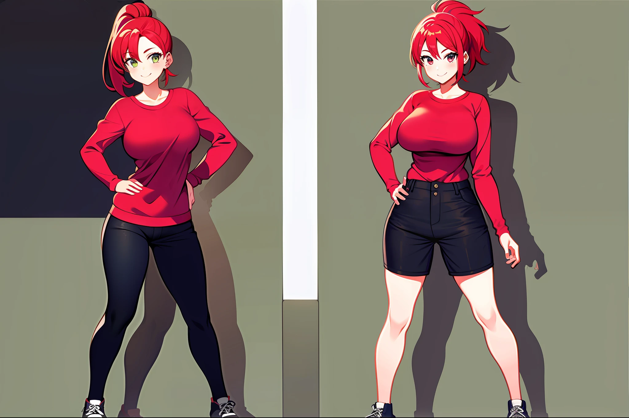 Girl with red hair ponytail tall medium sized breasts casual outfit full body poseing Goofy face