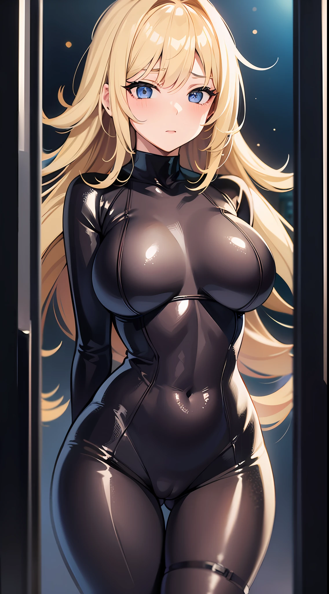 1girl, masterpiece, best quality, medium full shot, blonde hair, (full bodysuit), busty, sexy body, erotic pose, standing, (blushing:1), crotch
