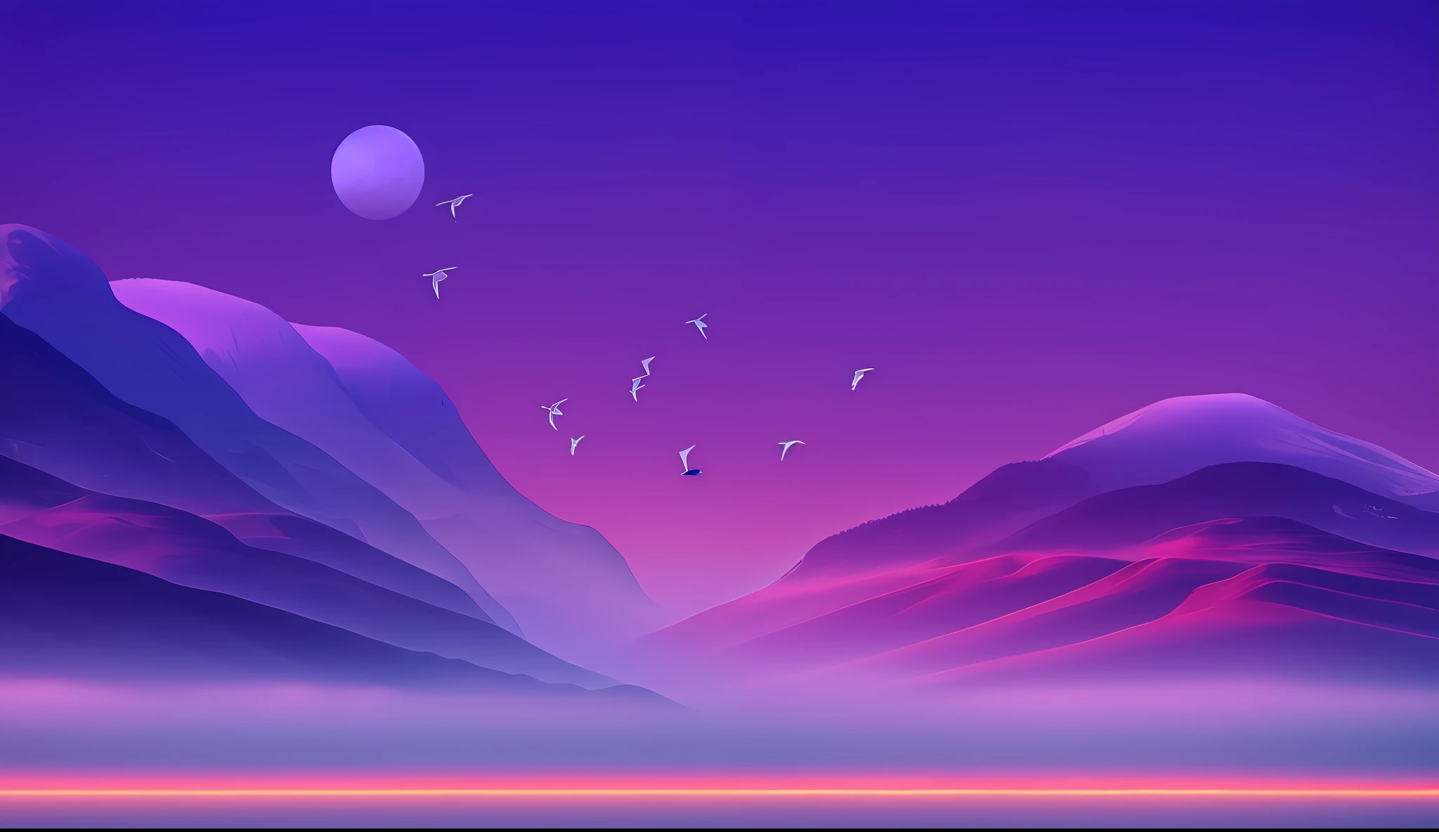 Birds, flying over, mountains, lakes, purple landscapes,