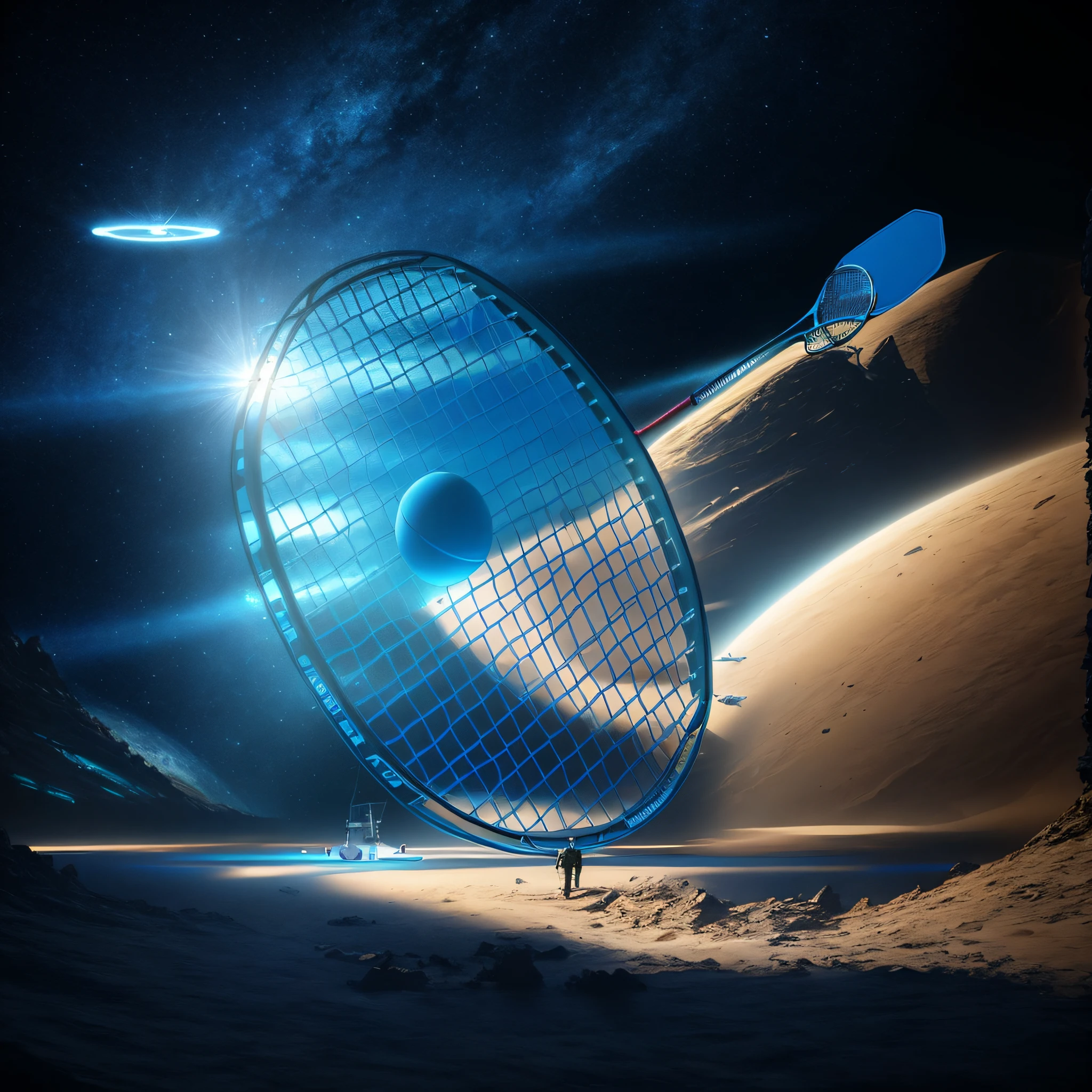 There is a man standing in front of a giant blue tennis racket, surreal blue concept art, inspired by Mike Winckelman, surreal blue sci-fi set design, blue sun sail, John Ragata, concept illustration, depicted as a sci-fi scene, surreal 3D rendering, spaceship landing, Anna Fossley, Mike Winkelman
