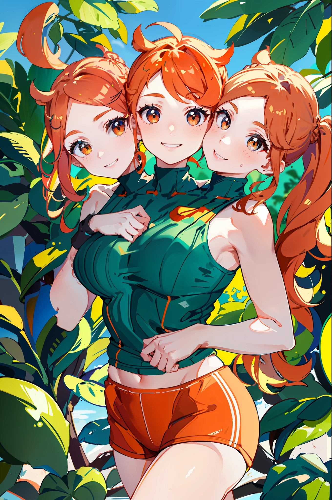 3heads, best quality, masterpiece
3 girls, orange hair, identical hair color, same eye color, necks side by side, necks evenky spaced on shoulders, smiling, running, gym uniform, sweatpants, outdoors
((three heads, 3head):1.5)