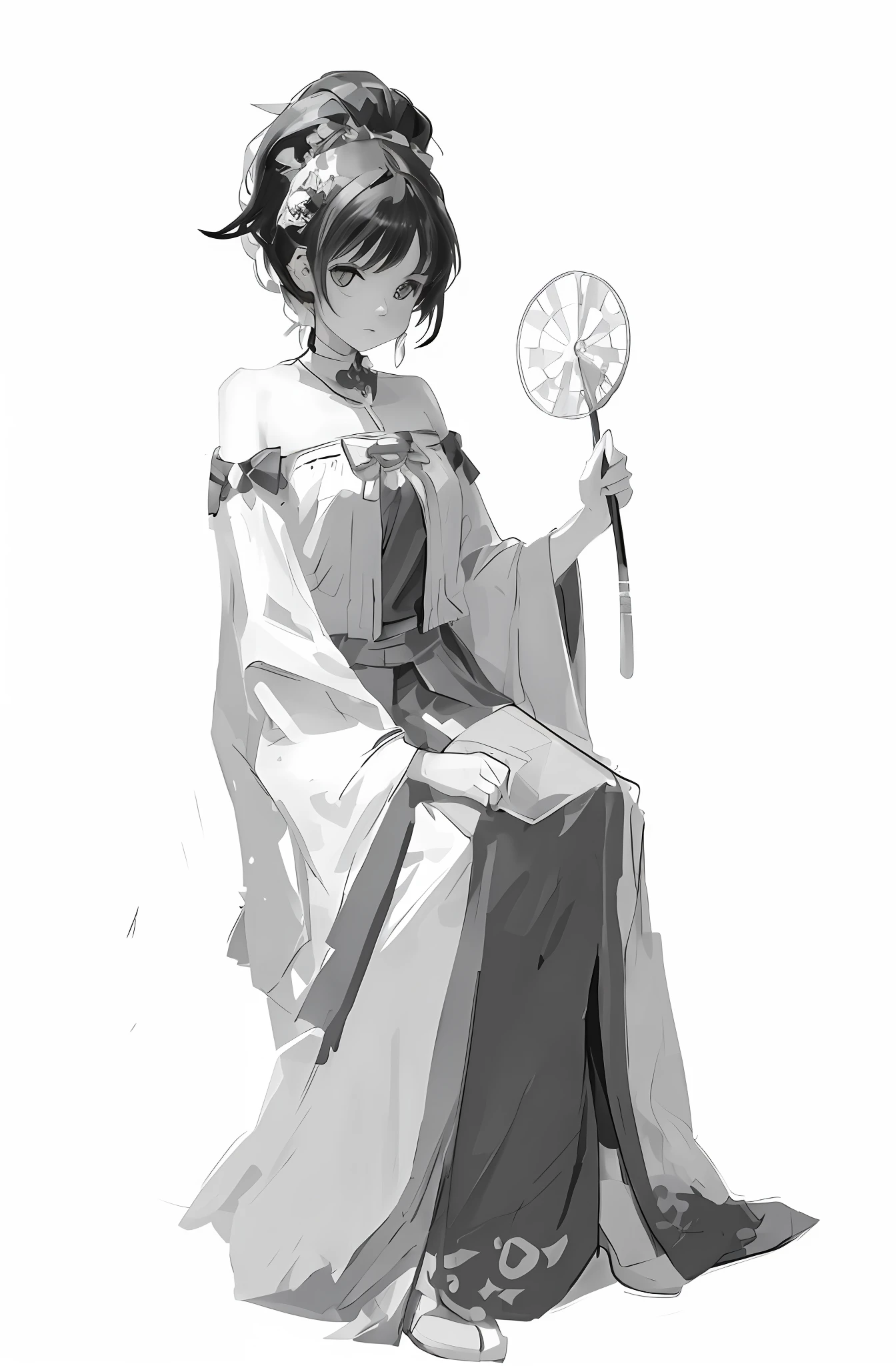 Line drawing, black and white, monochrome, national style girl, two-dimensional, detailed line drawing, black solid line,