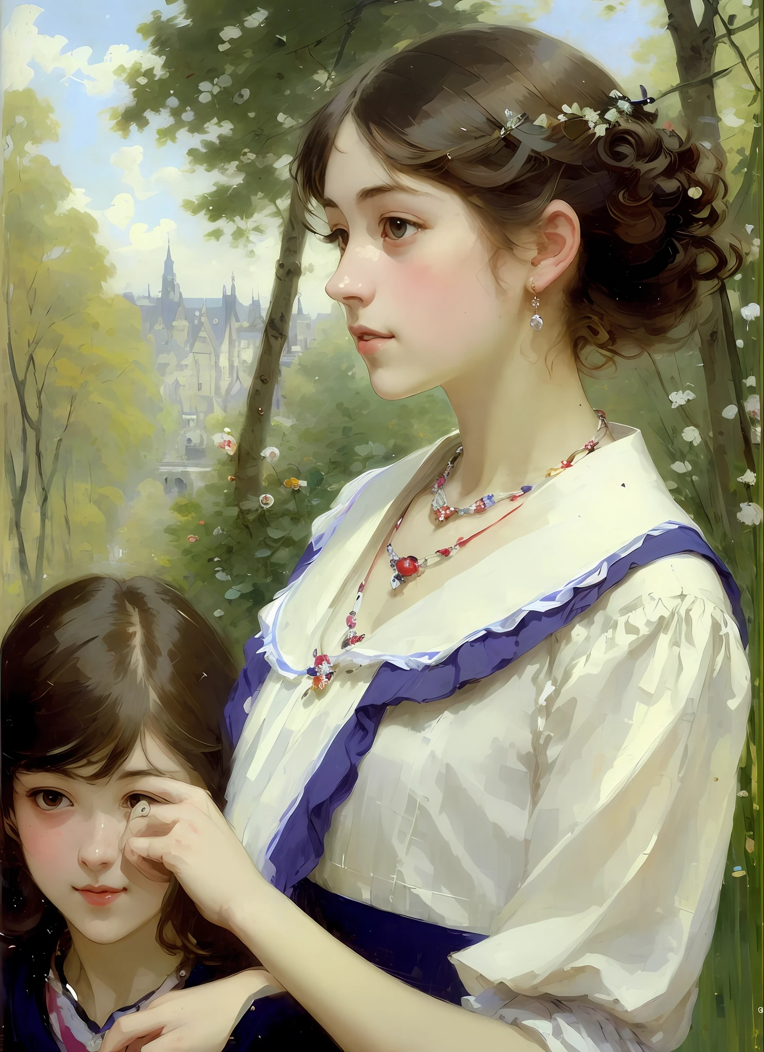 Nogizaka Girl, Masterpiece, Top Quality, (Female), (Attractive Woman, Lips, Eyes, Hair, Necklace, Shoulders, Background Environment: 0.85), ((Frank Bramley: 1.0): 1.15), (Real: 1.3)