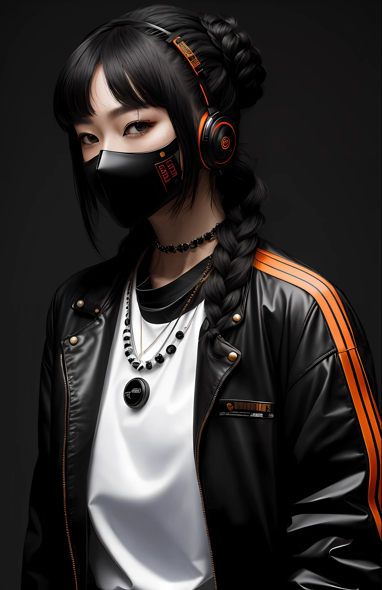ulzzang-6500, (realistic: 1.3) (original: 1.2), masterpiece, best quality, beautiful clean face, fullbody, 1woman, (wearing black and white and cobalt scifi techmask and headphones with complex electronics), wearing black techwear jacket and orange trousers with buckle and tape, (crystal necklace), posing for a picture, (white braided bun hair),