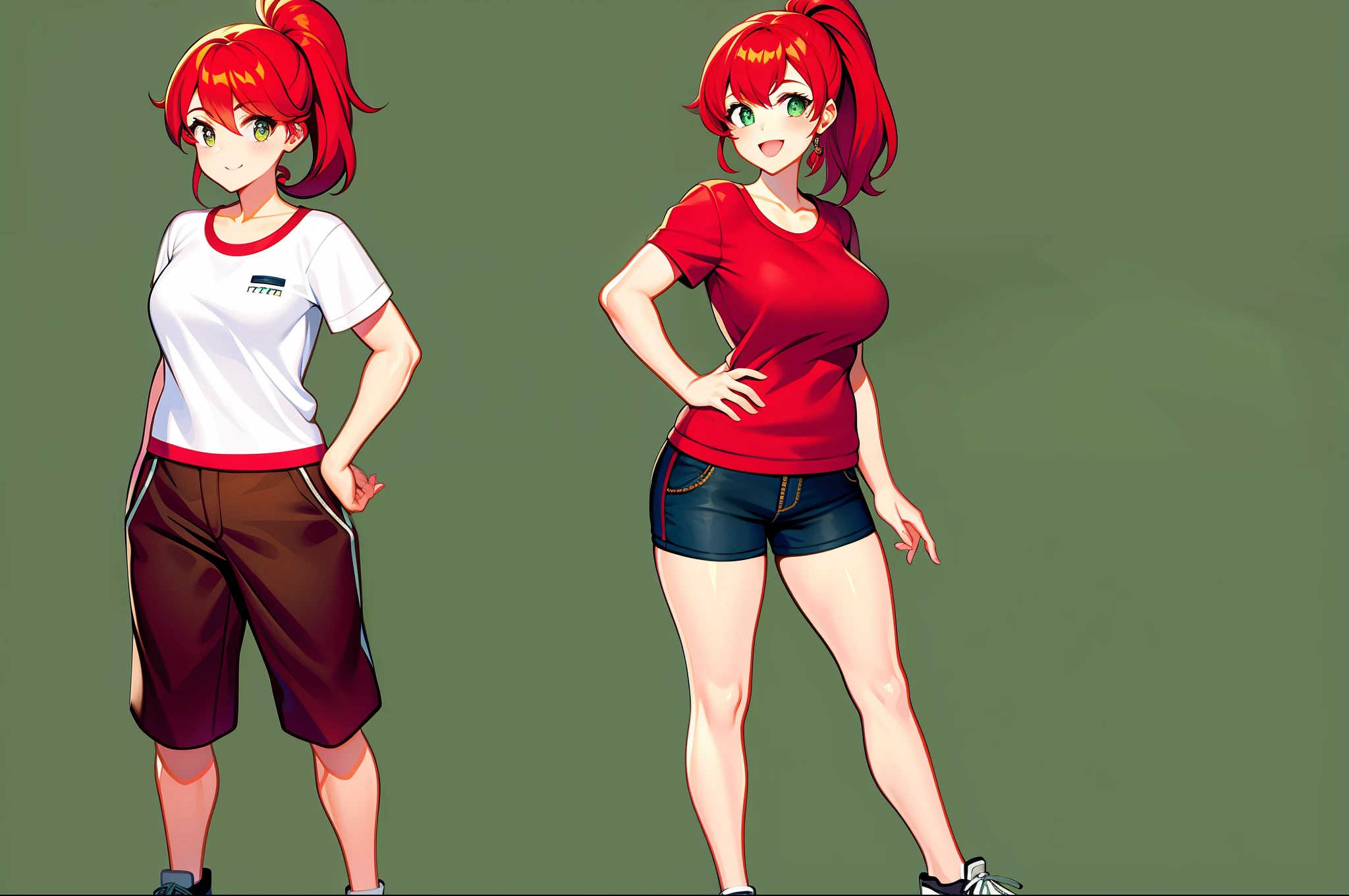 Girl with red hair ponytail tall medium sized breasts casual outfit full body poseing Goofy face