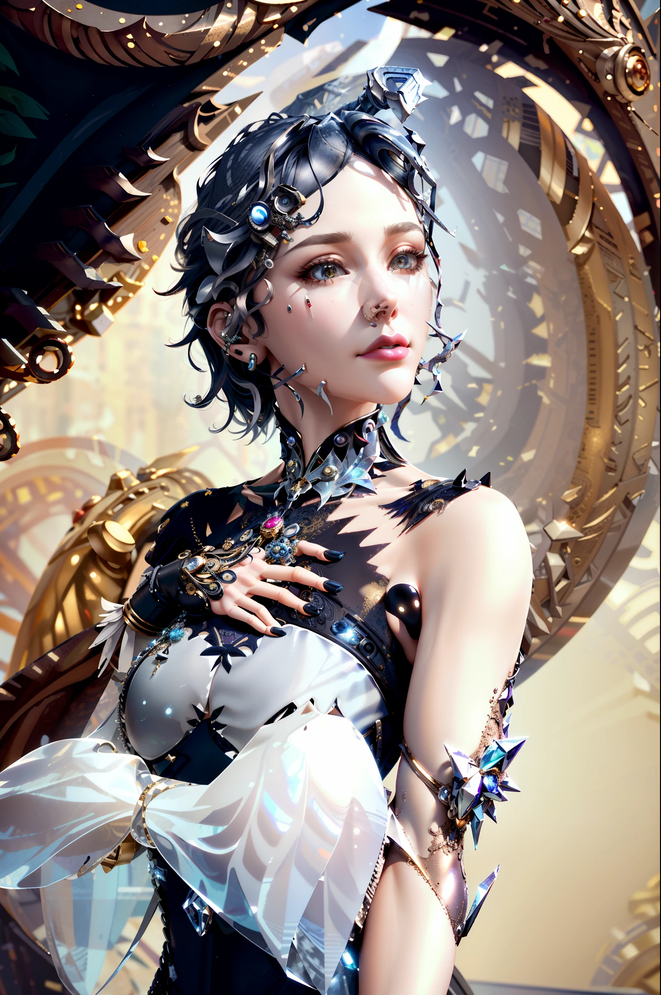 masterpiece, high quality, 3d, 8k cg, intricate details, detailed background, sacred. ornaments, byDylanKowalski, ((1girl)), upper body, muscular, skindentation, looking to the side, short hair, prosthesis, mechanical arms, synthetic skin, porcelain, pearl, holographic, titanium, diamond, ruby, sapphire, gemstones, clockwork, grunge, worn edges, armor,