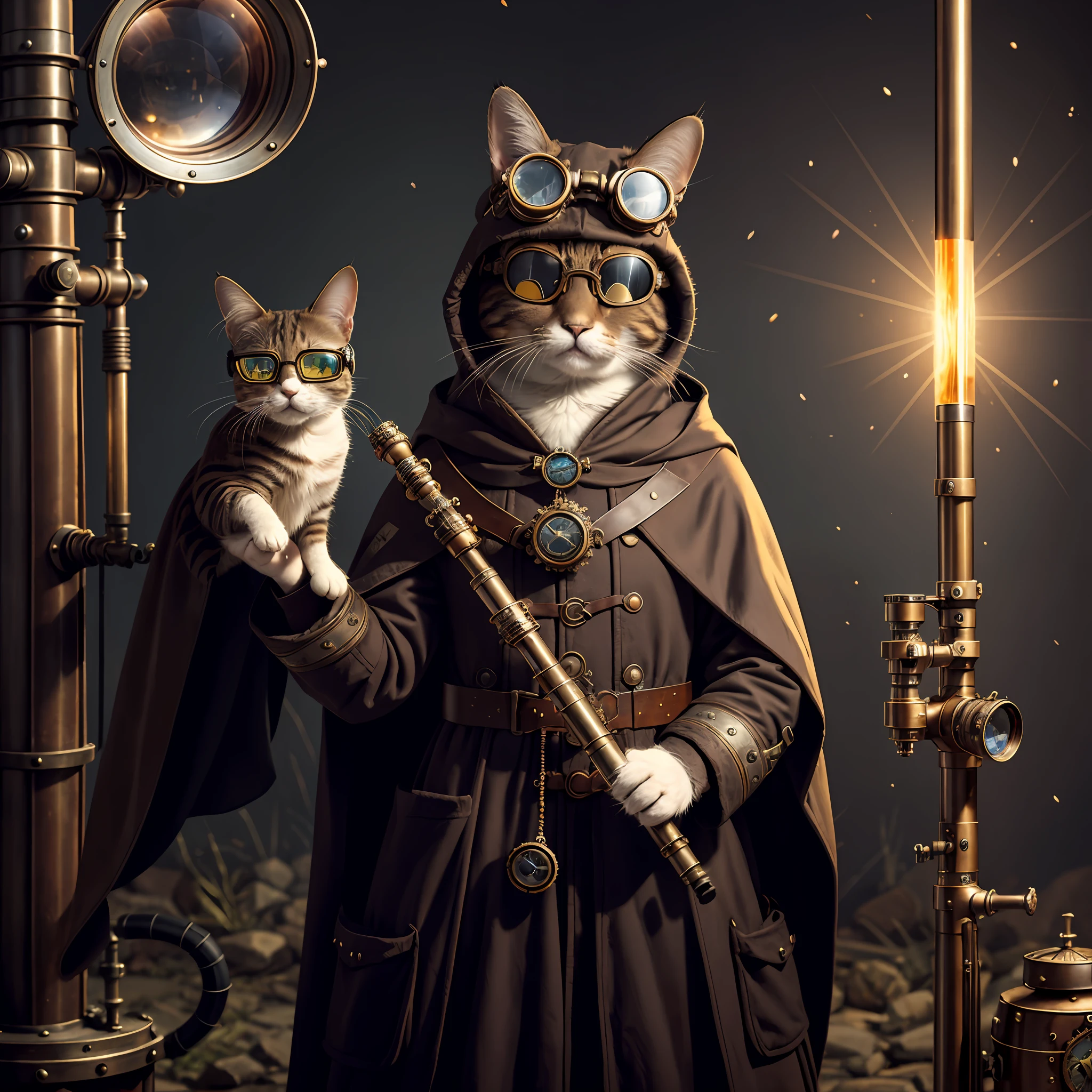Epic hyperrealistic photo of a cat wearing a cloak and goggles, holding a telescope in hand,looking in a certain direction,in the style of steampunk influences, john wilhelm, bunnycore, realistic yet stylized, charming characters, ratcore