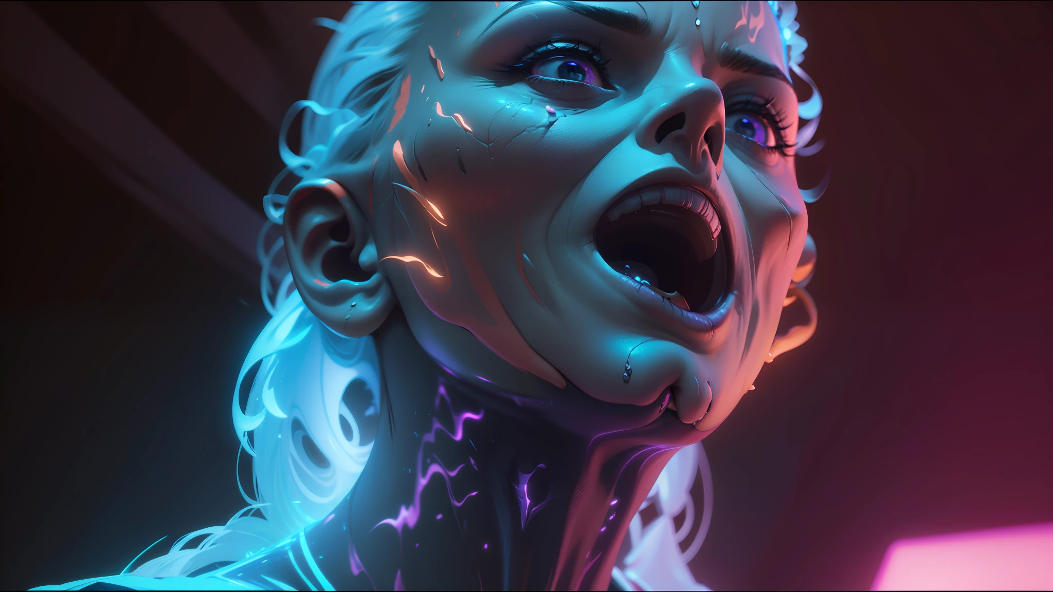 a close up of a person with a glowing head and neck, lee griggs and jason chan, unreal engine : : rave makeup, highly detailed surreal vfx, cinematic neon uplighting, vfx movie closeup, vfx film closeup, lee griggs, highly detailed vfx portrait of, from a 2 0 1 9 sci fi 8 k movie, cgsociety saturated colors, vfx art --auto --s2